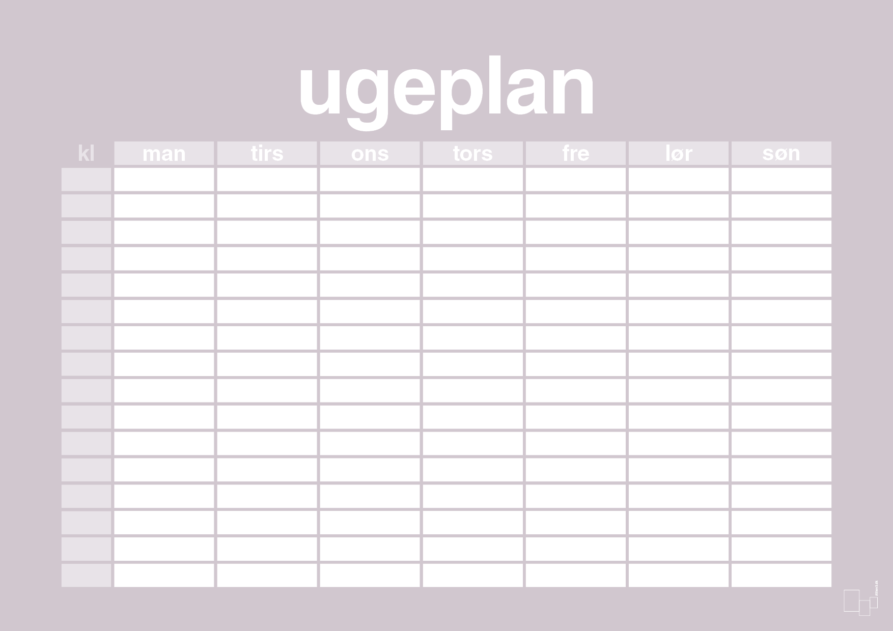 plakat: ugeplan horizontal timer detaljeret - dusty lilac-Planer-A1two3