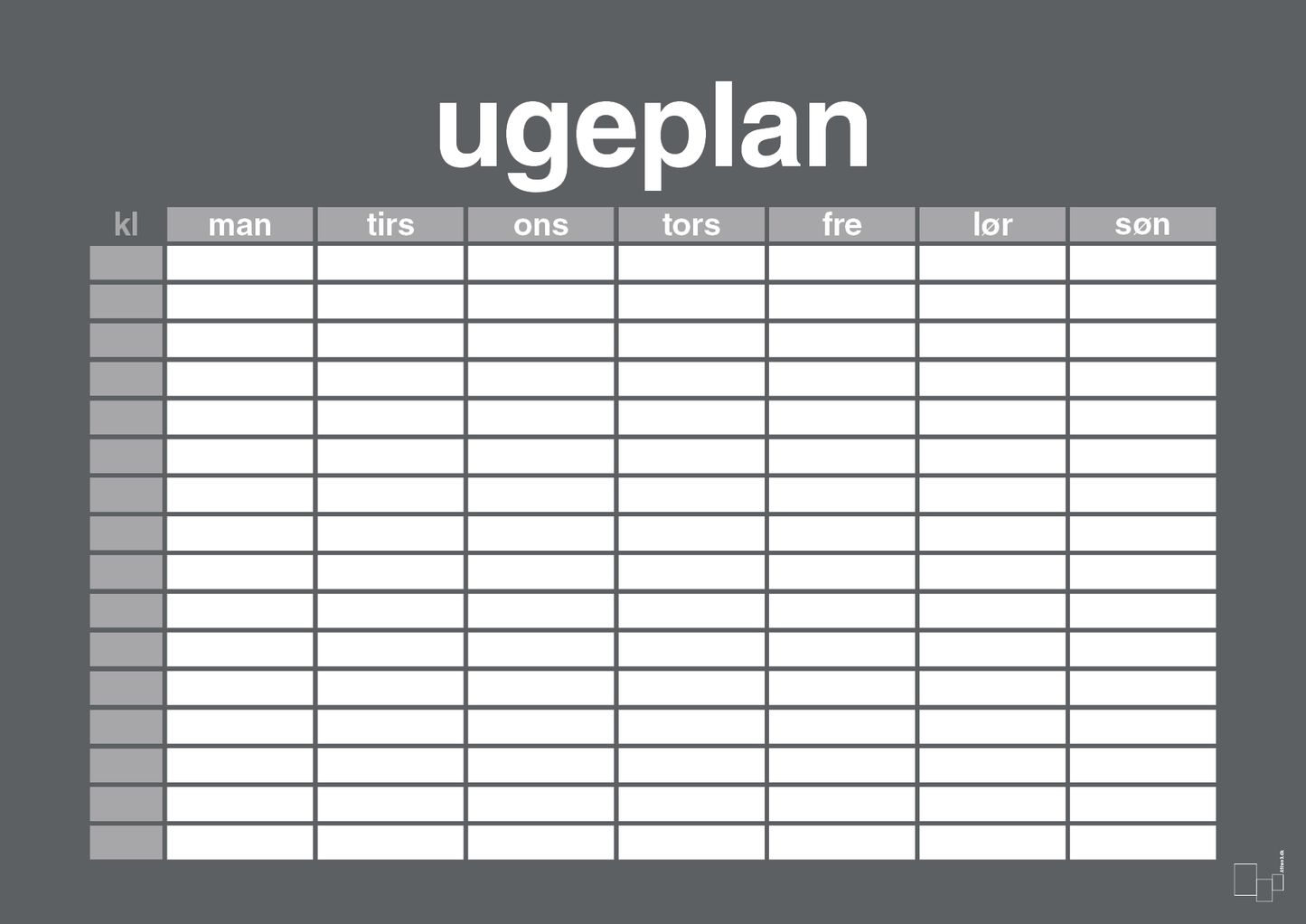 plakat: ugeplan horizontal timer detaljeret - graphic charcoal-Planer-A1two3