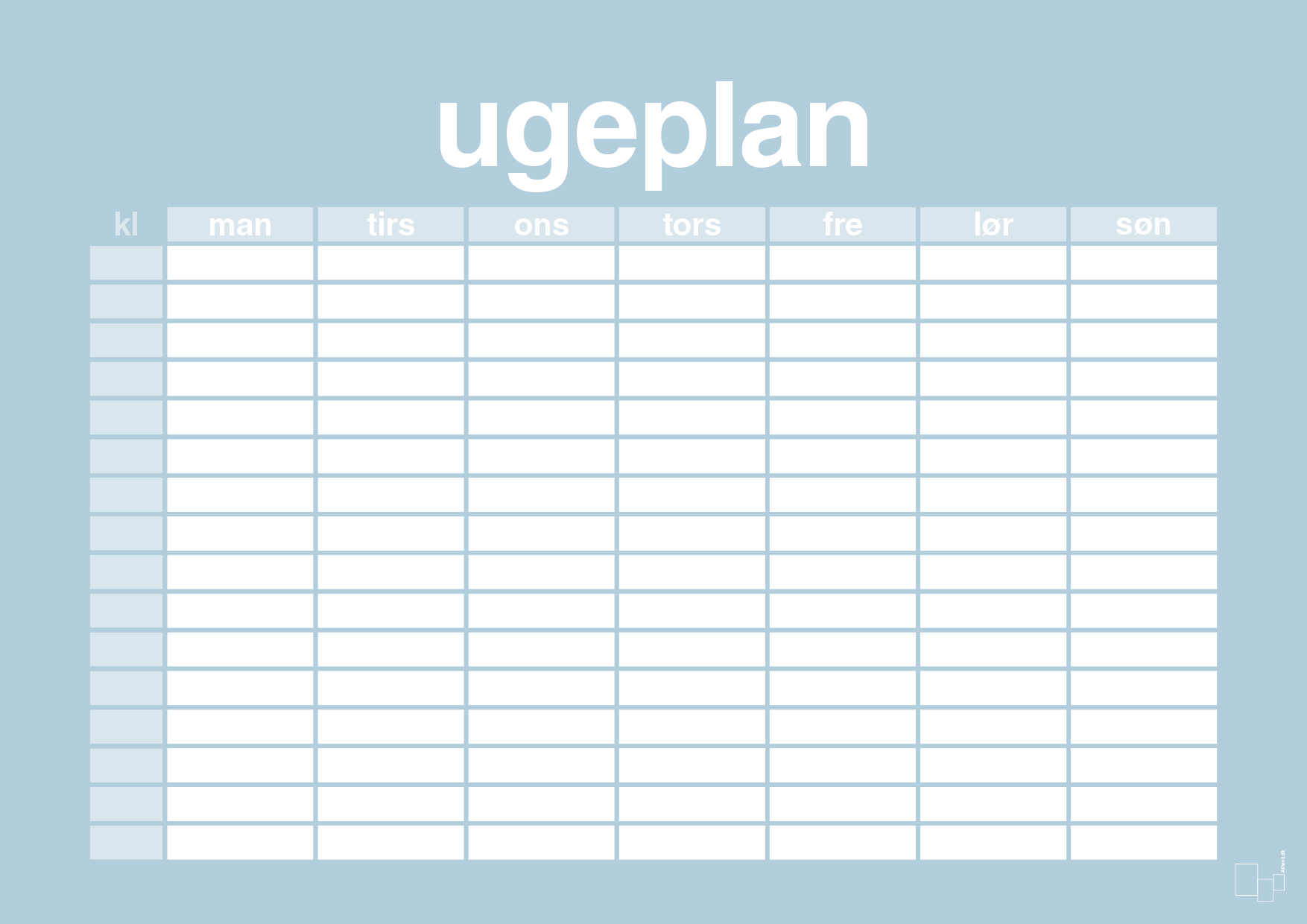 plakat: ugeplan horizontal timer detaljeret - heavenly blue-Planer-A1two3