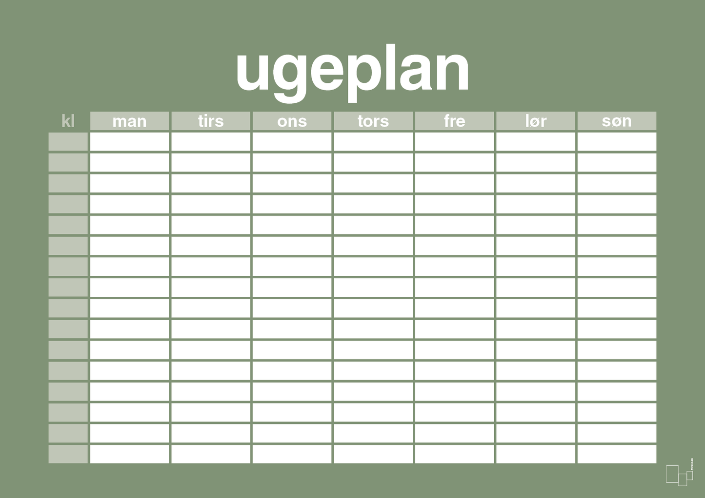 plakat: ugeplan horizontal timer detaljeret - jade-Planer-A1two3