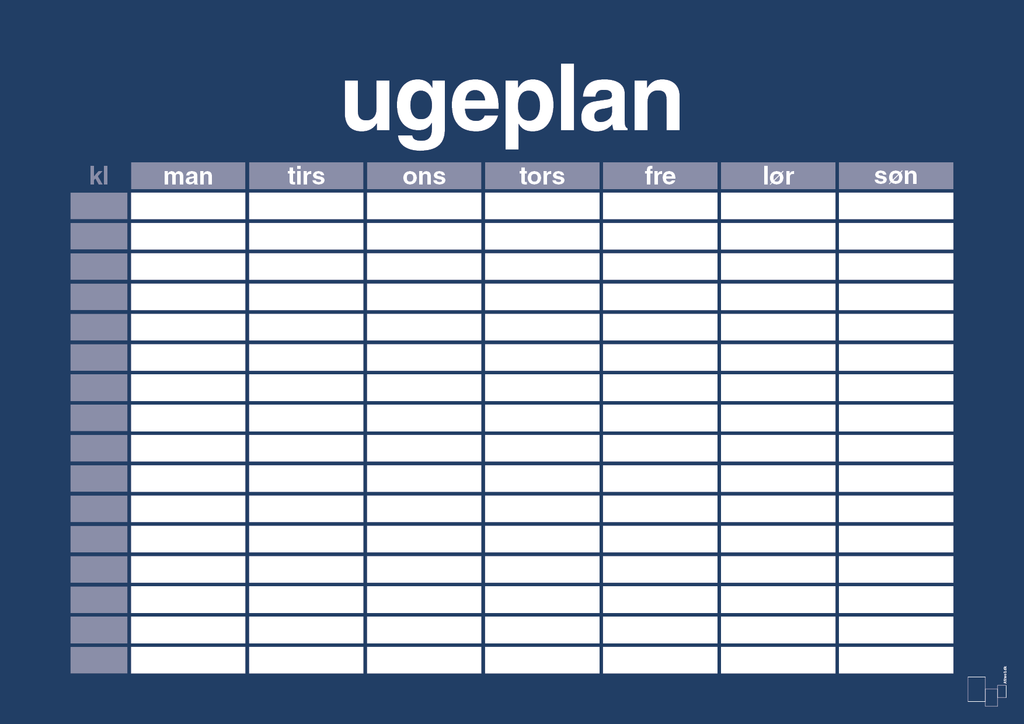 plakat: ugeplan horizontal timer detaljeret - lapis blue-Planer-A1two3
