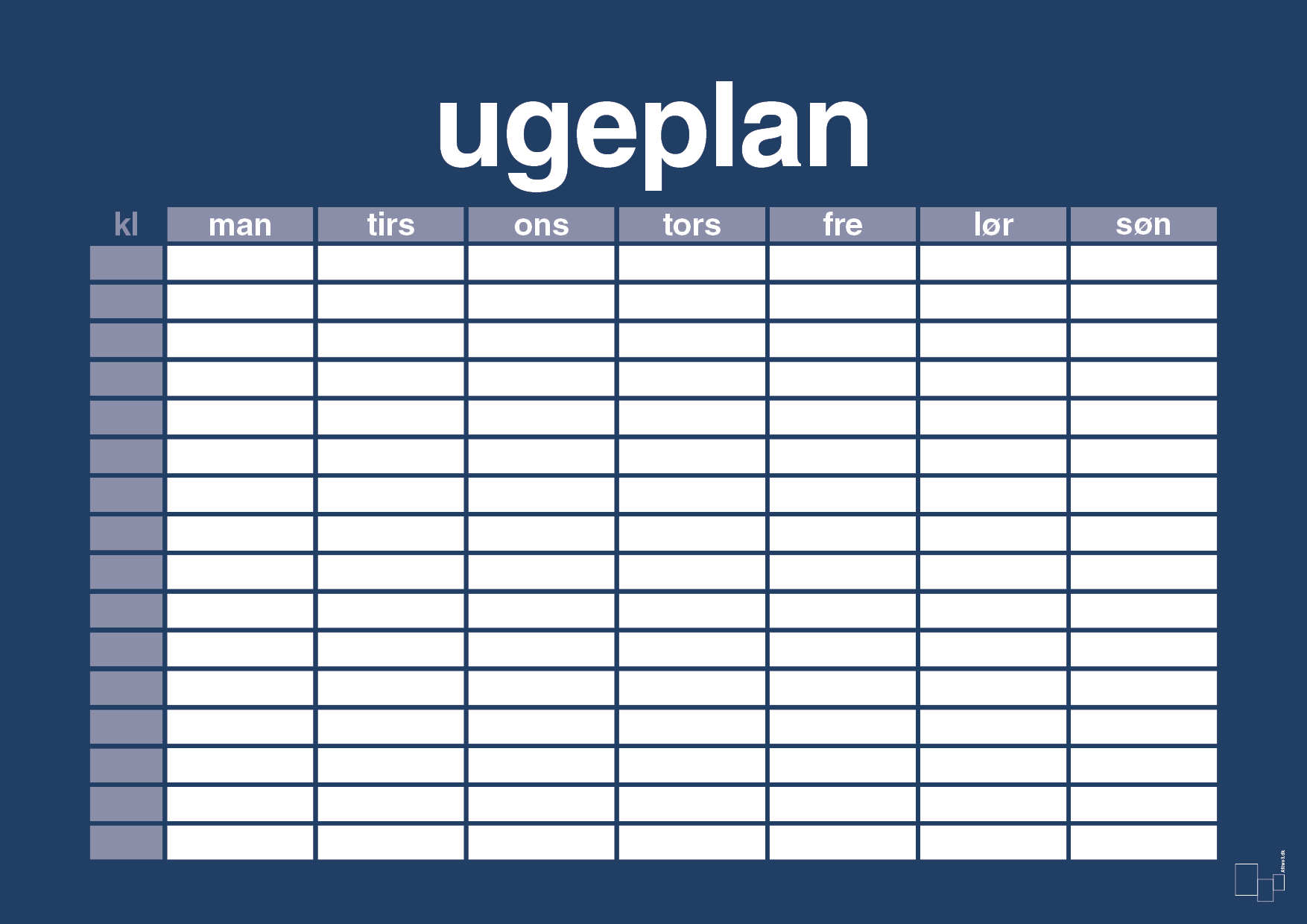 plakat: ugeplan horizontal timer detaljeret - lapis blue-Planer-A1two3