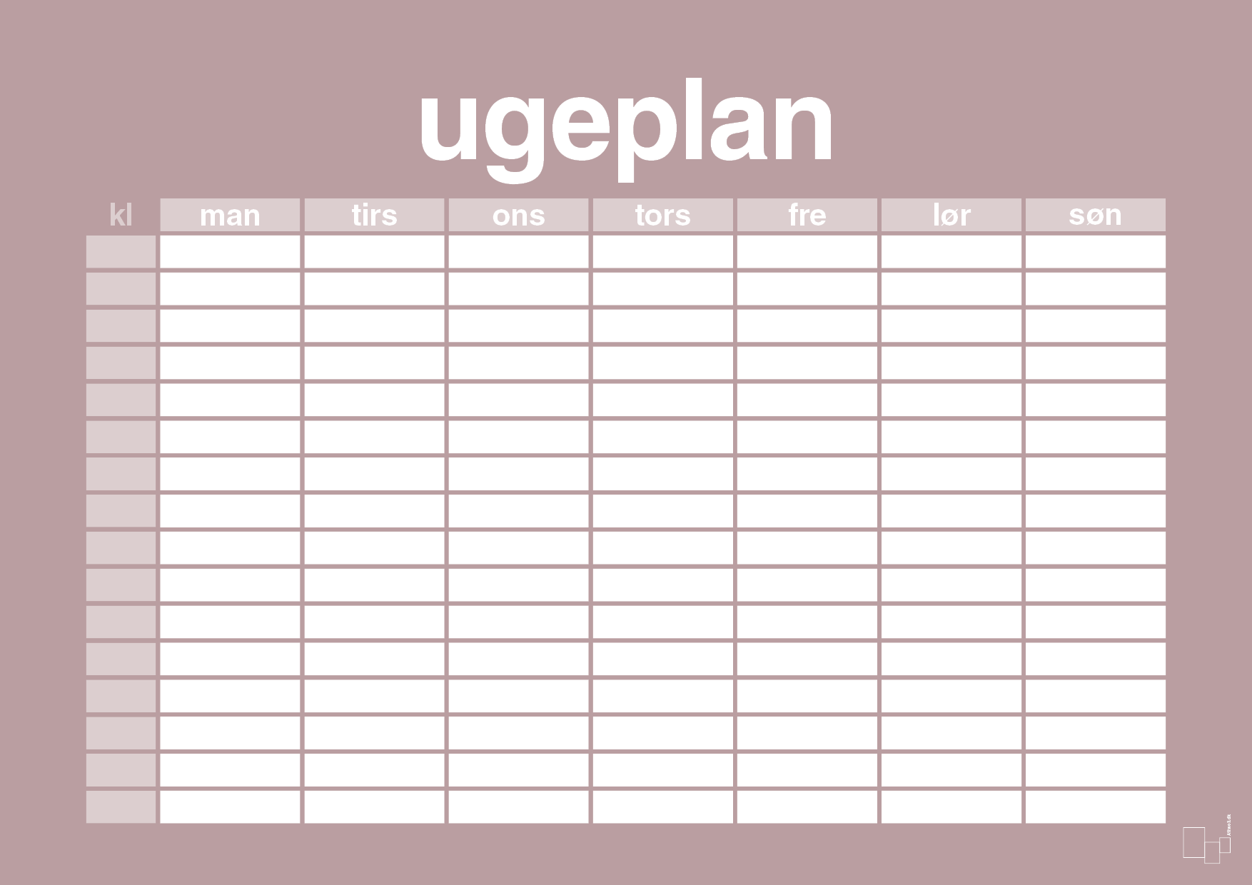plakat: ugeplan horizontal timer detaljeret - light rose-Planer-A1two3