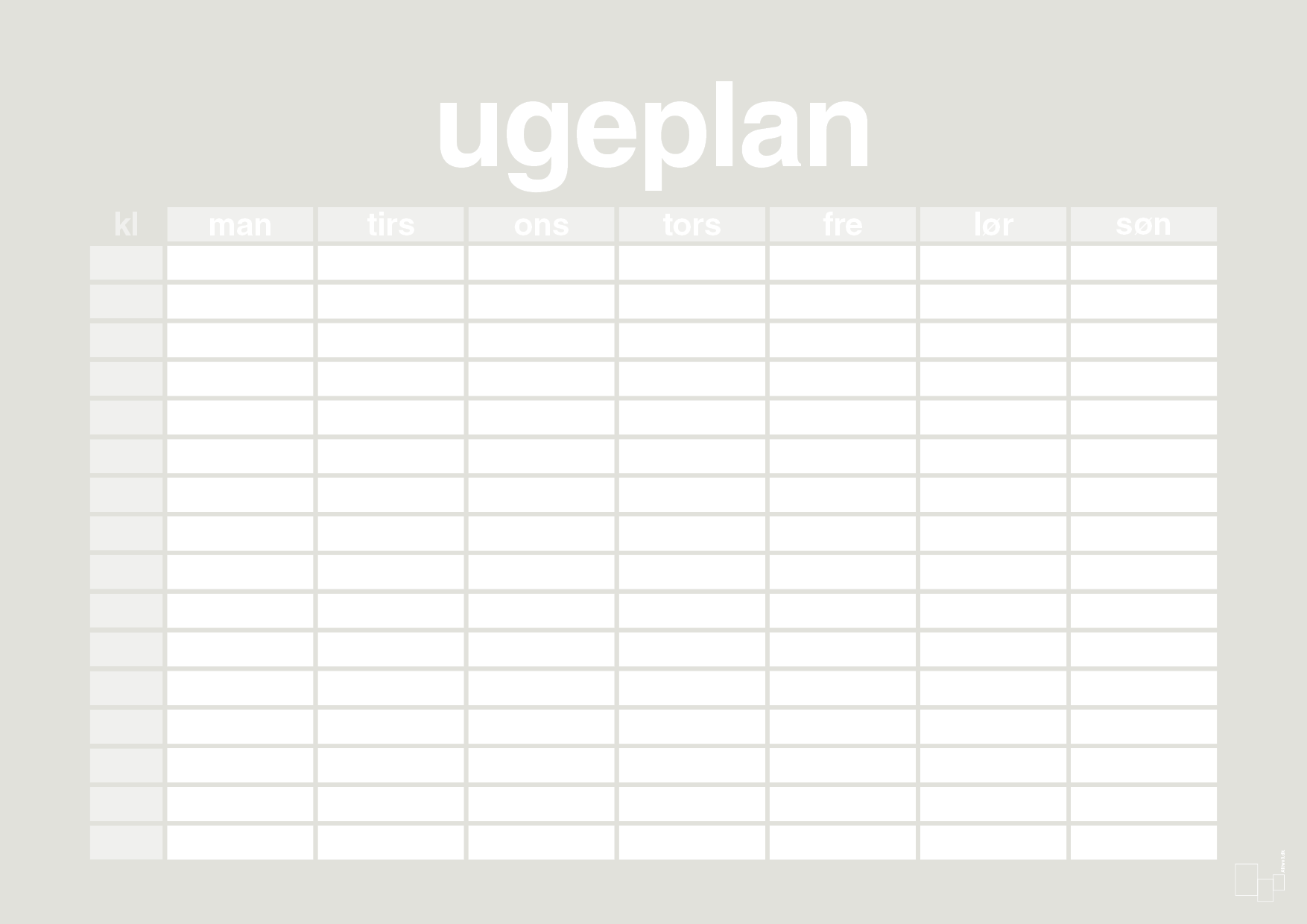 plakat: ugeplan horizontal timer detaljeret - painters white-Planer-A1two3