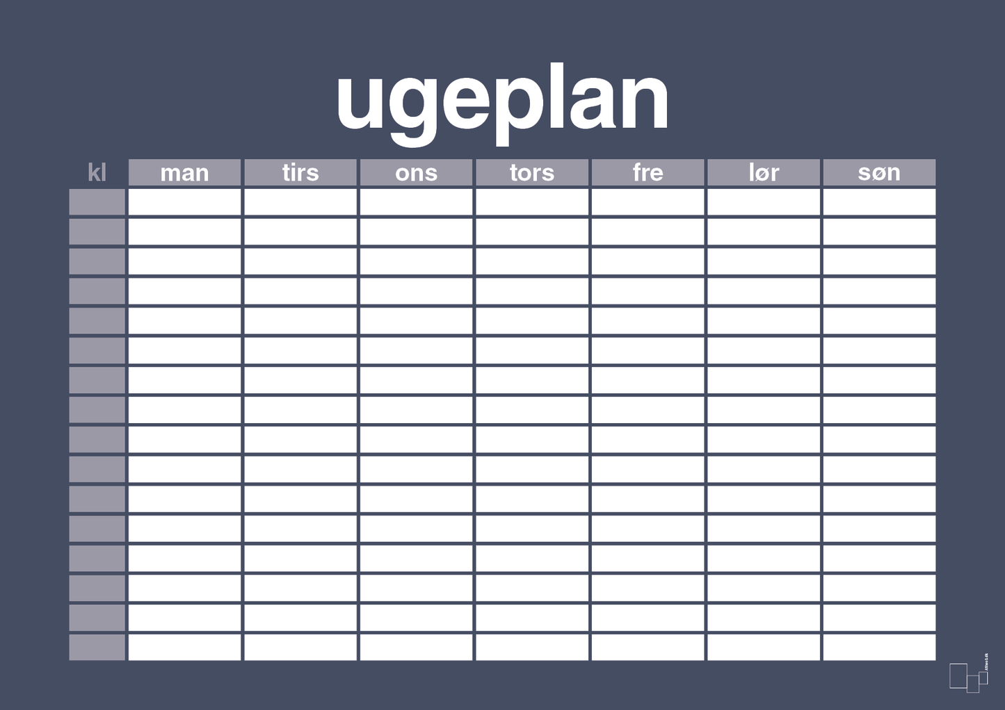 Ugeplan horizontal timer detaljeret - petrol-Planer-A1two3