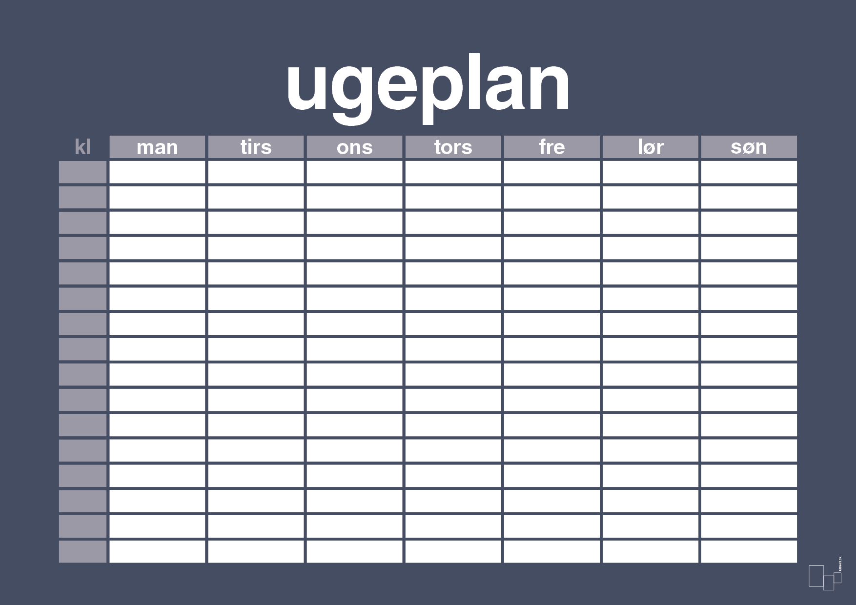 Ugeplan horizontal timer detaljeret - petrol-Planer-A1two3