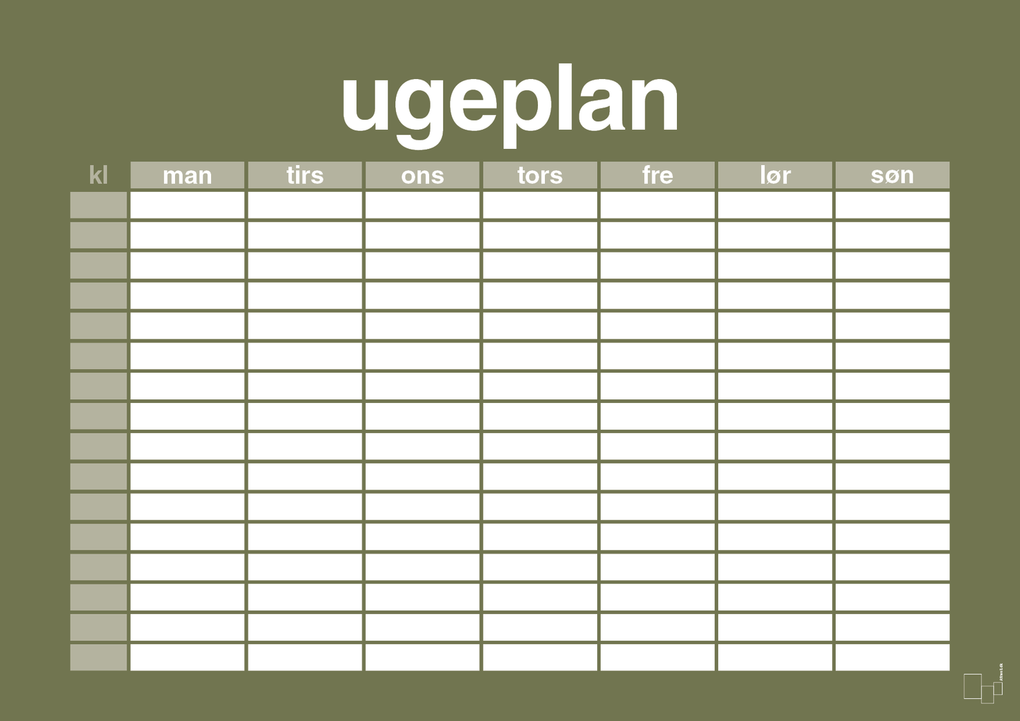 plakat: ugeplan horizontal timer detaljeret - secret meadow-Planer-A1two3