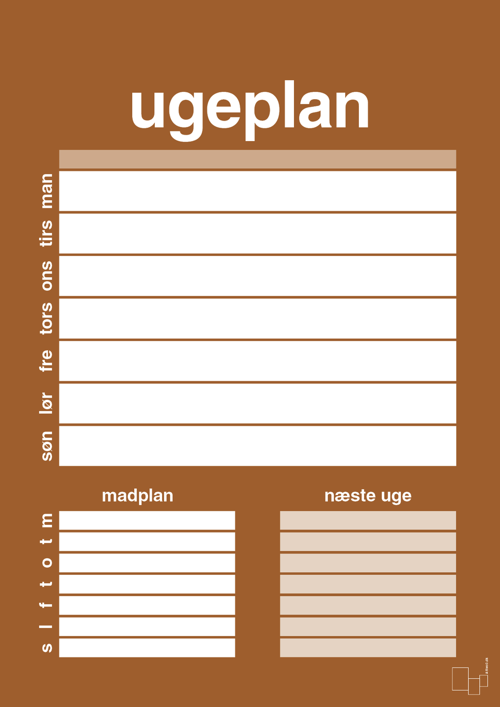 plakat: ugeplan til 1 person - cognac-Planer-A1two3