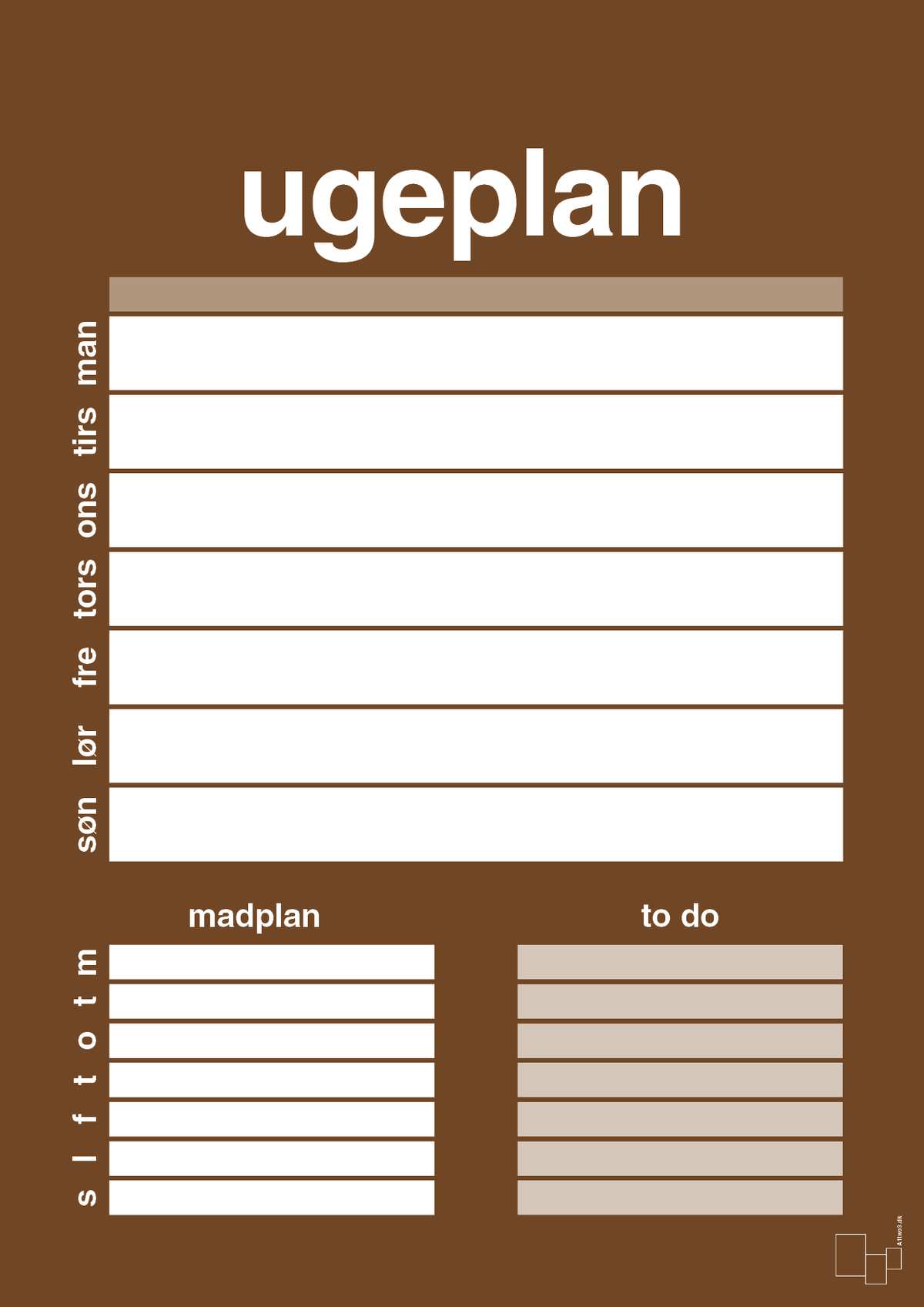 plakat: ugeplan med to-do liste til 1 person - dark brown-Planer-A1two3