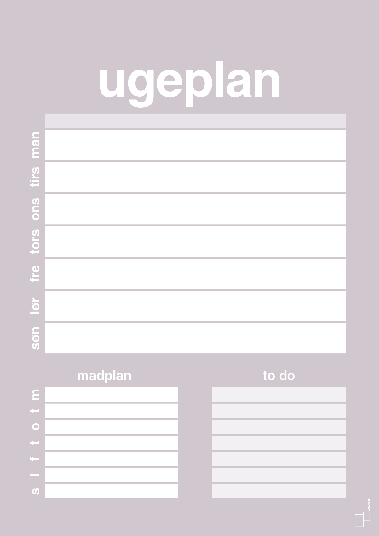 plakat: ugeplan med to-do liste til 1 person - dusty lilac-Planer-A1two3