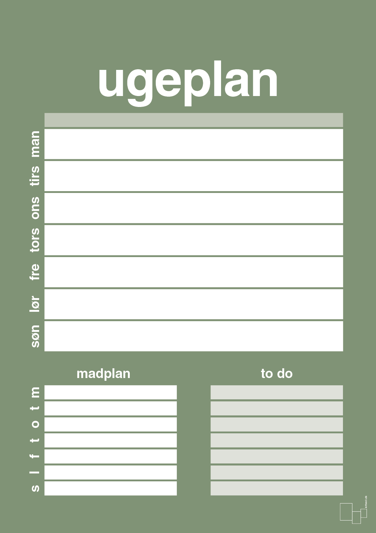 plakat: ugeplan med to-do liste til 1 person - jade-Planer-A1two3