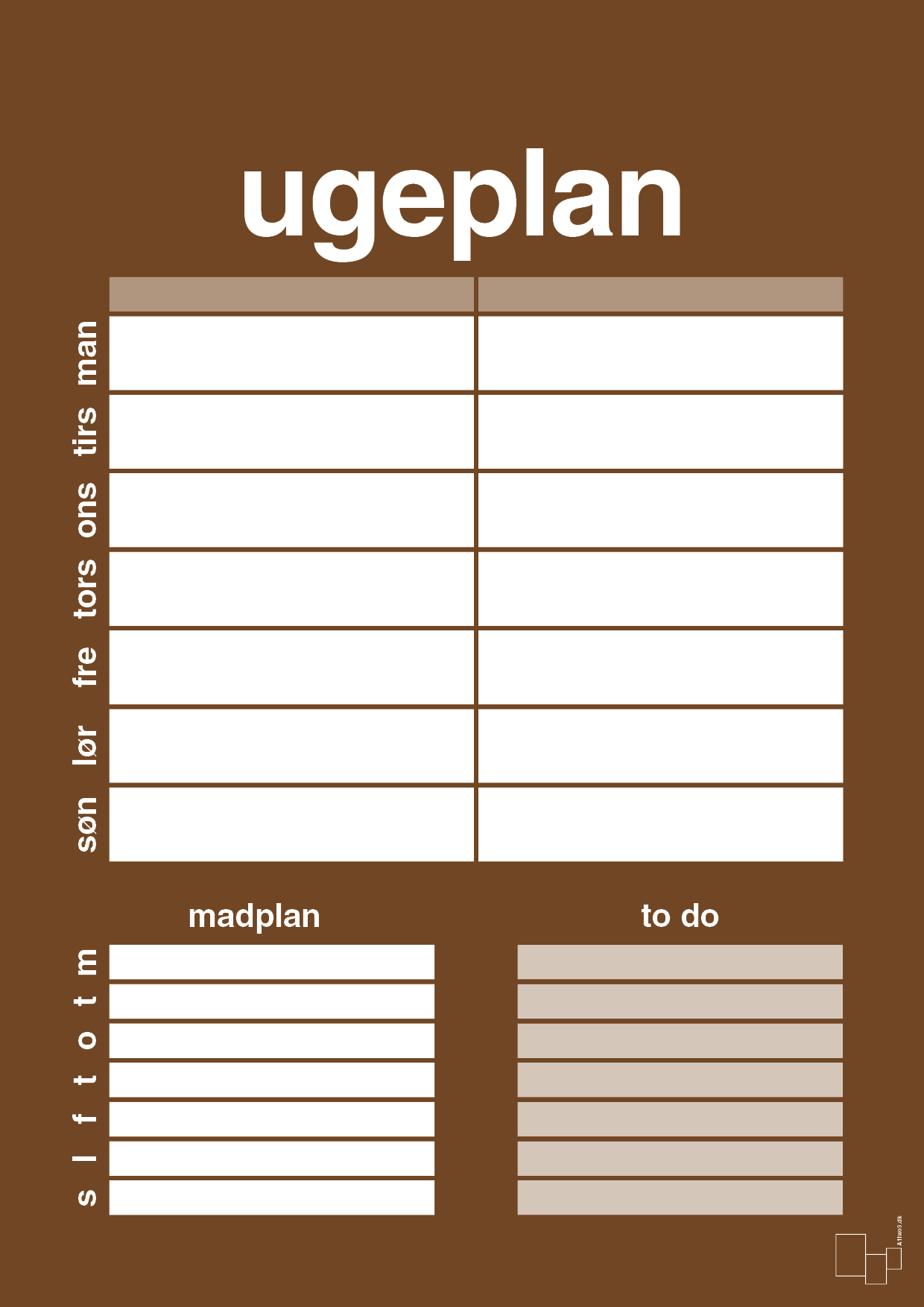 plakat: ugeplan med to-do liste til 2 personer - dark brown-Planer-A1two3