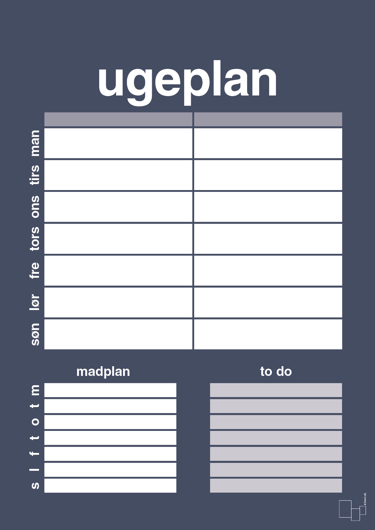 Ugeplan med to-do liste til 2 personer - petrol-Planer-A1two3
