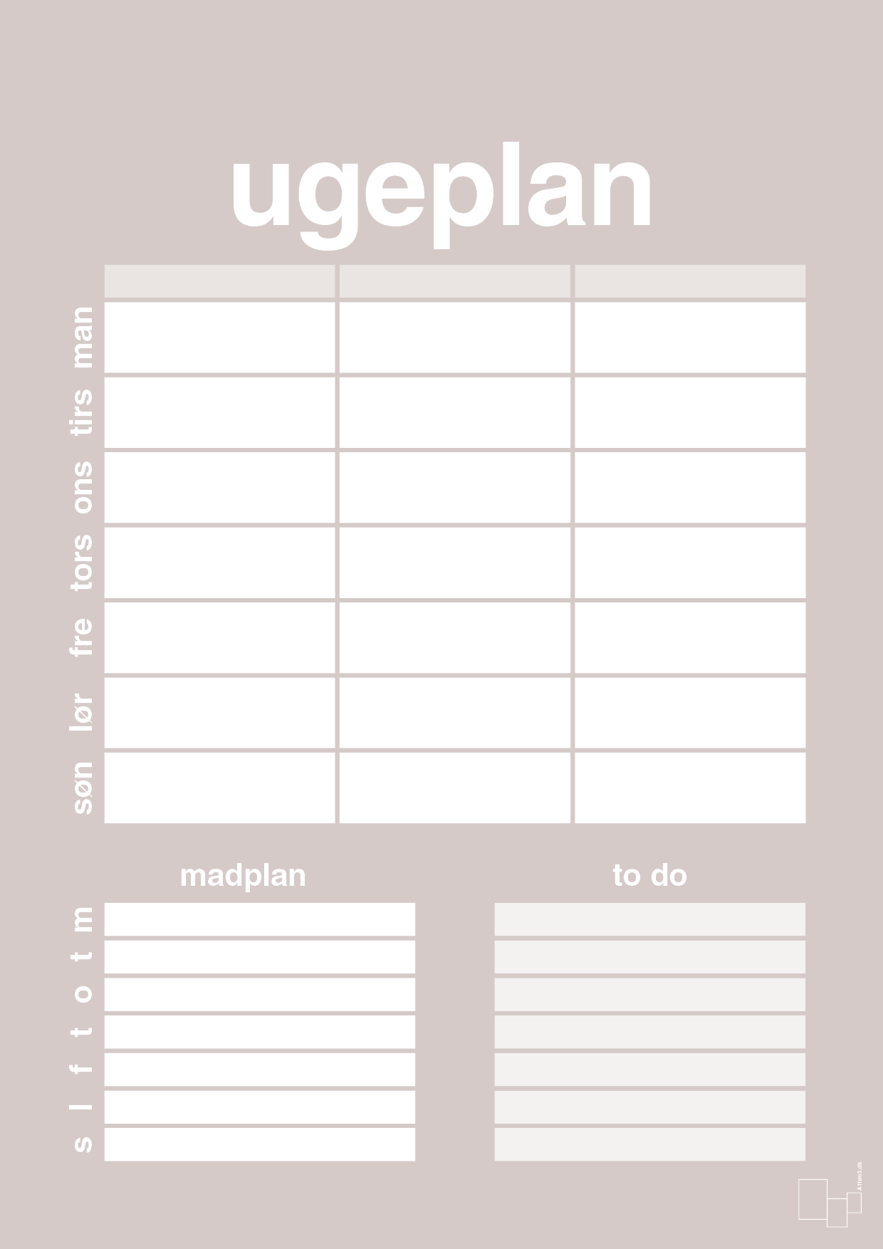 plakat: ugeplan med to-do liste til 3 personer - broken beige-Planer-A1two3