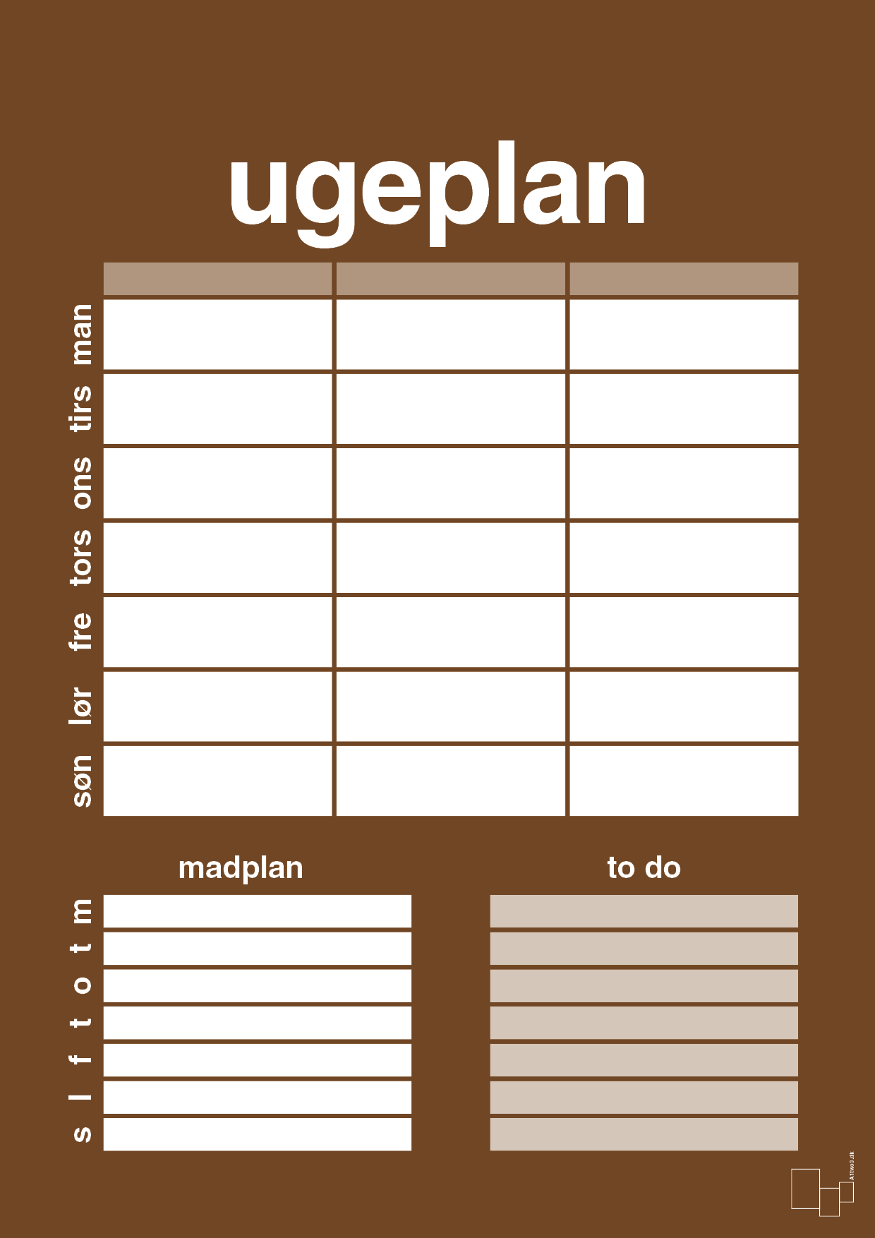 plakat: ugeplan med to-do liste til 3 personer - dark brown-Planer-A1two3