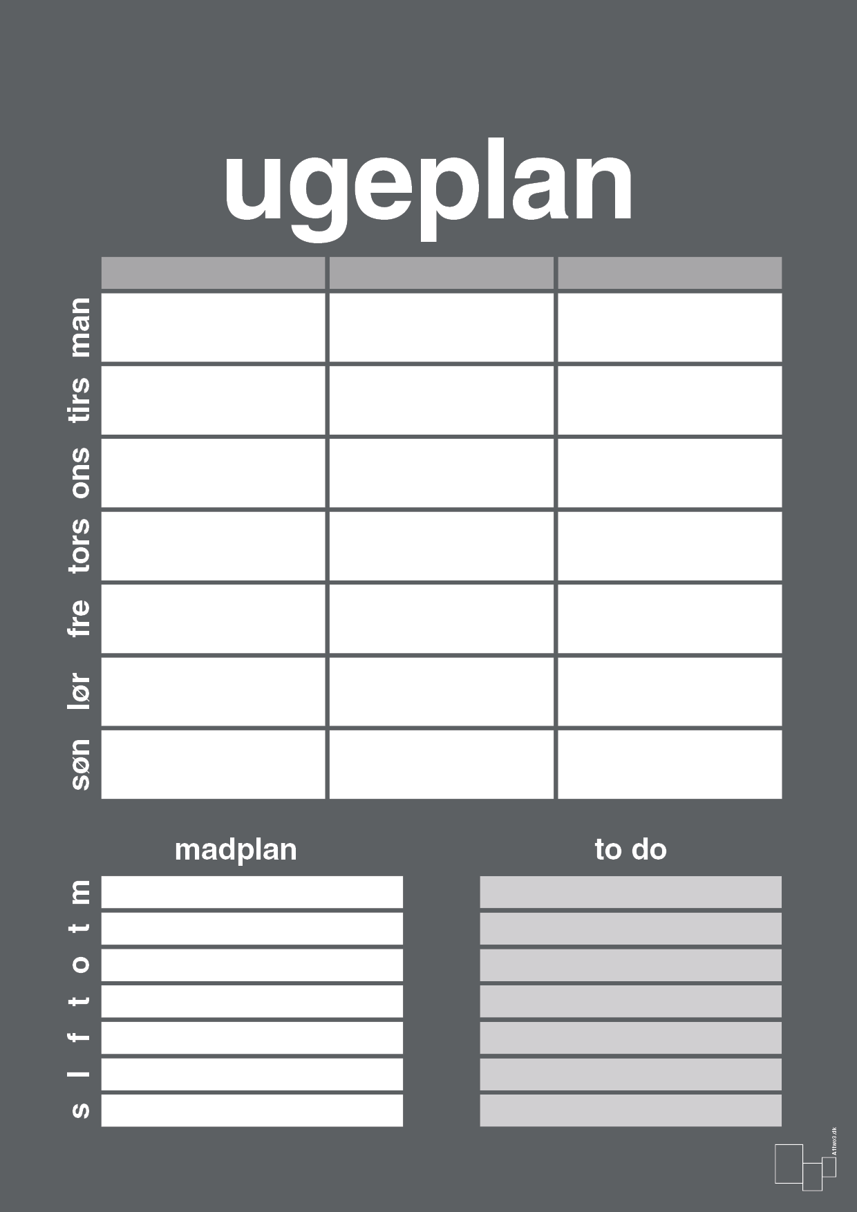 plakat: ugeplan med to-do liste til 3 personer - graphic charcoal-Planer-A1two3