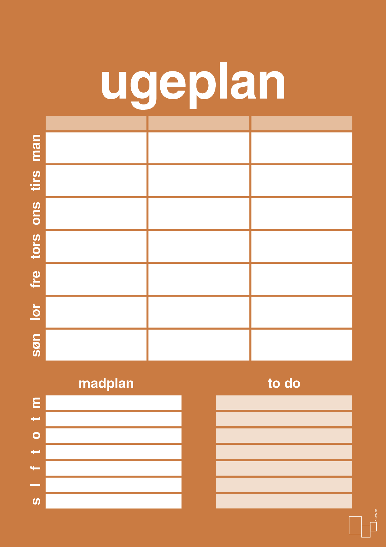 plakat: ugeplan med to-do liste til 3 personer - rumba orange-Planer-A1two3