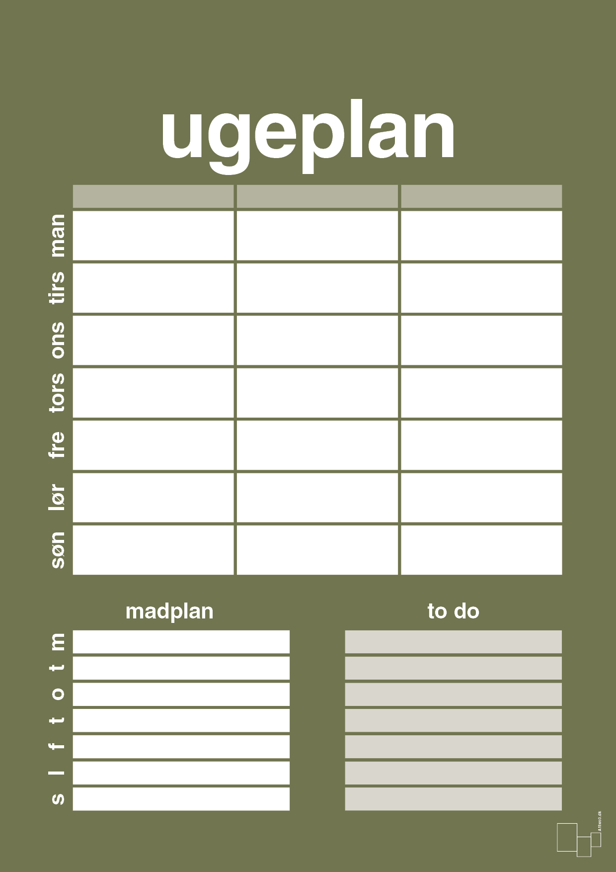 plakat: ugeplan med to-do liste til 3 personer - secret meadow-Planer-A1two3