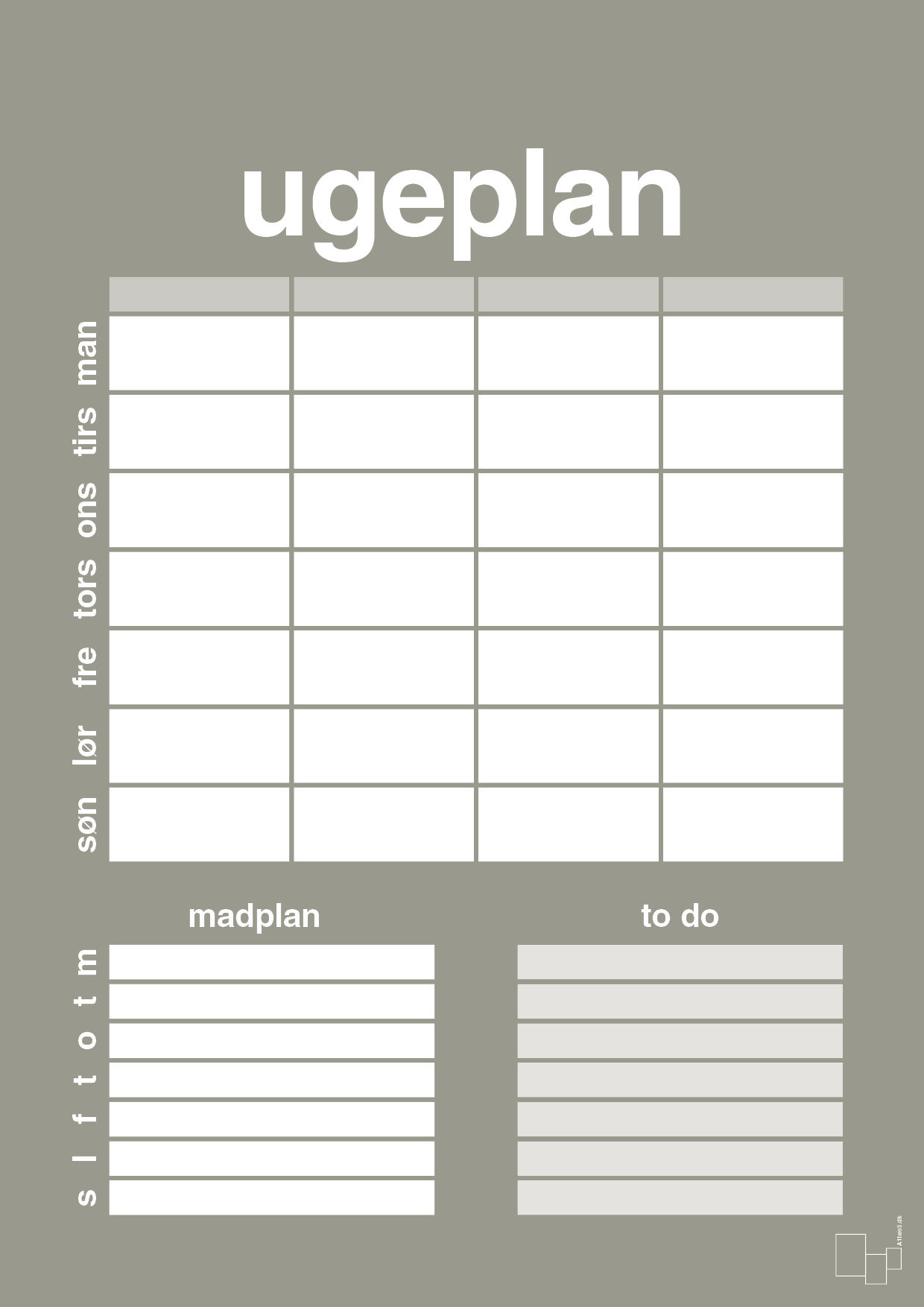 plakat: ugeplan med to-do liste til 4 personer - battleship gray-Planer-A1two3