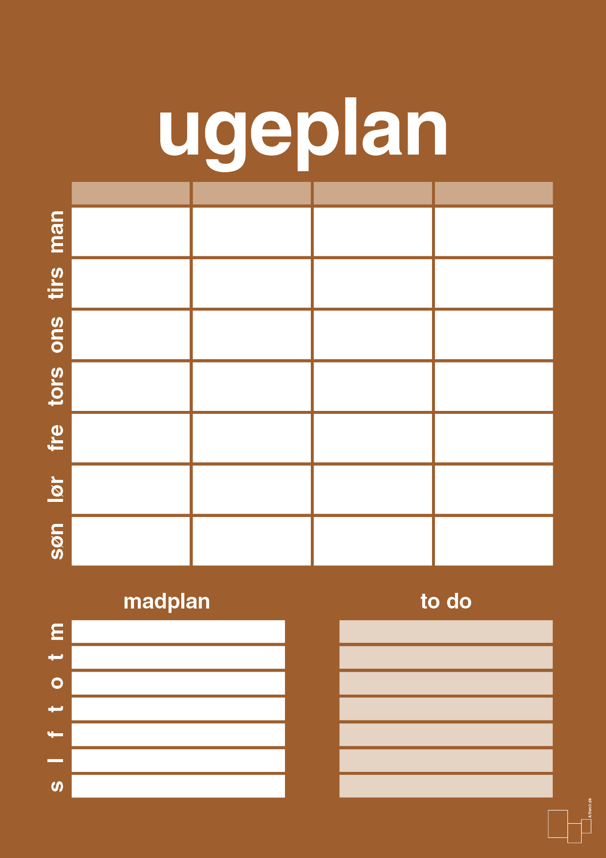 plakat: ugeplan med to-do liste til 4 personer - cognac-Planer-A1two3