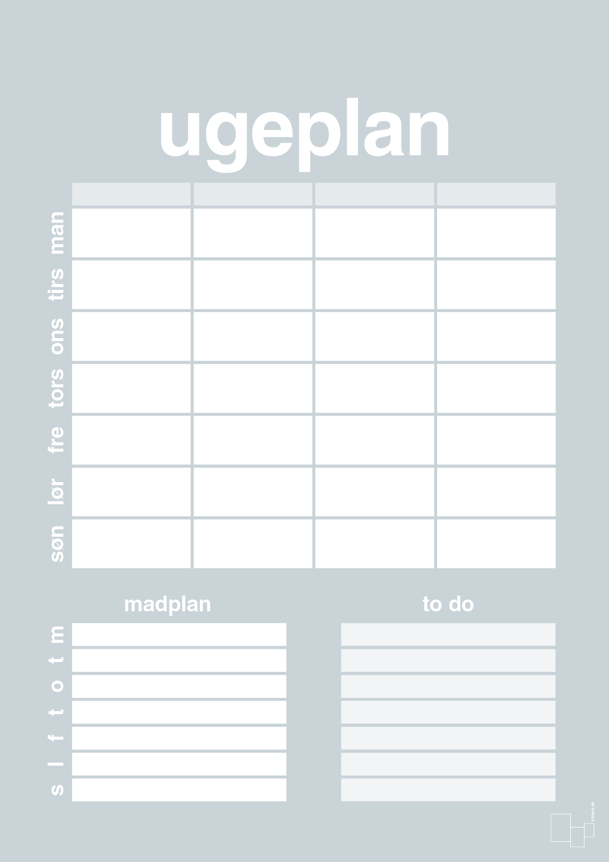 plakat: ugeplan med to-do liste til 4 personer - light drizzle-Planer-A1two3