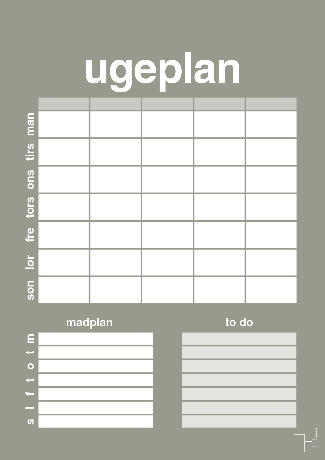 plakat: ugeplan med to-do liste til 5 personer - battleship gray-Planer-A1two3