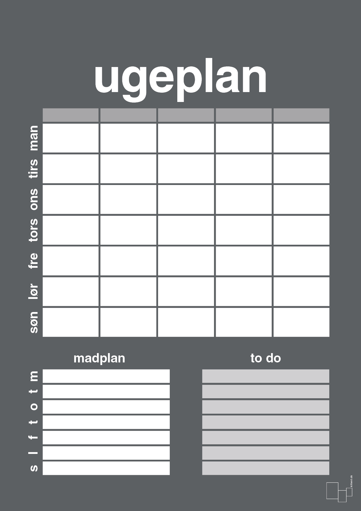 plakat: ugeplan med to-do liste til 5 personer - graphic charcoal-Planer-A1two3