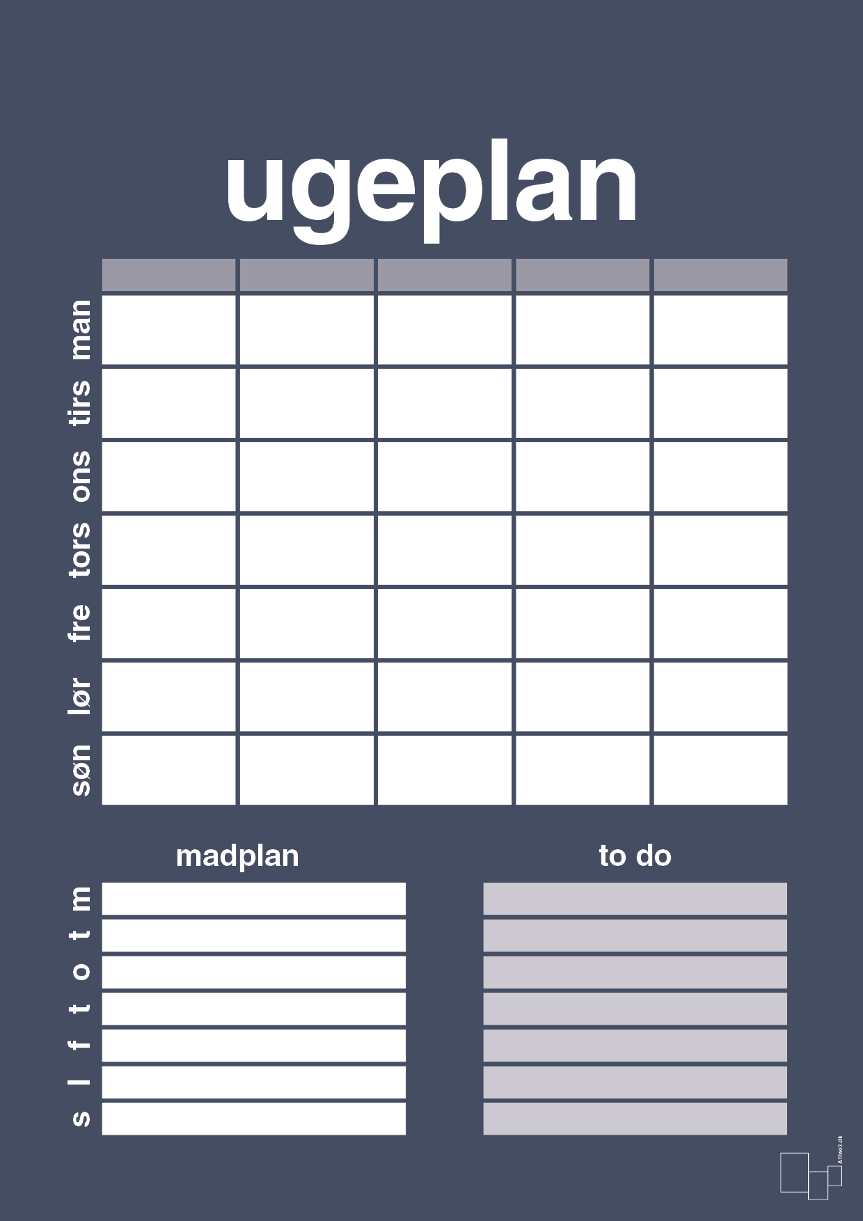 Ugeplan med to-do liste til 5 personer - petrol-Planer-A1two3