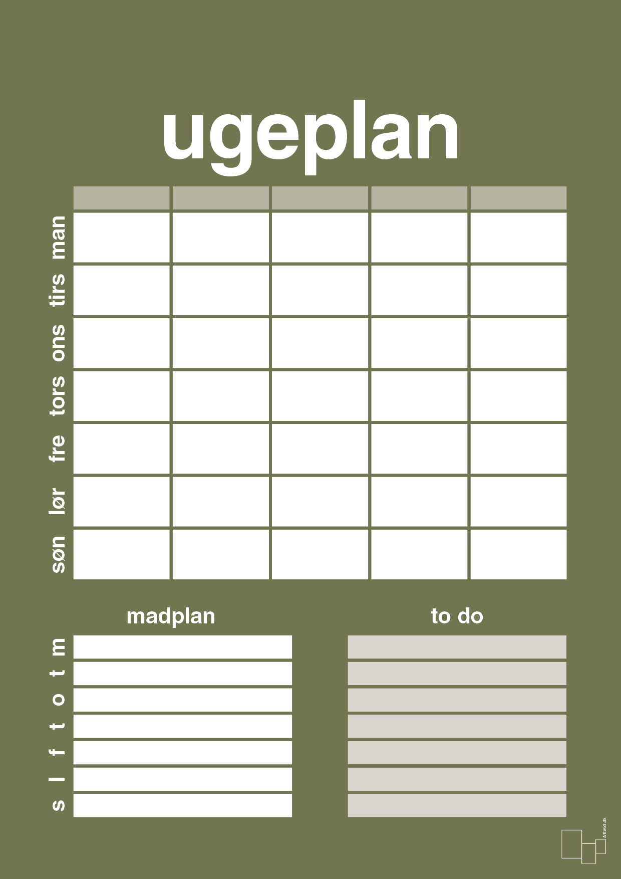 plakat: ugeplan med to-do liste til 5 personer - secret meadow-Planer-A1two3