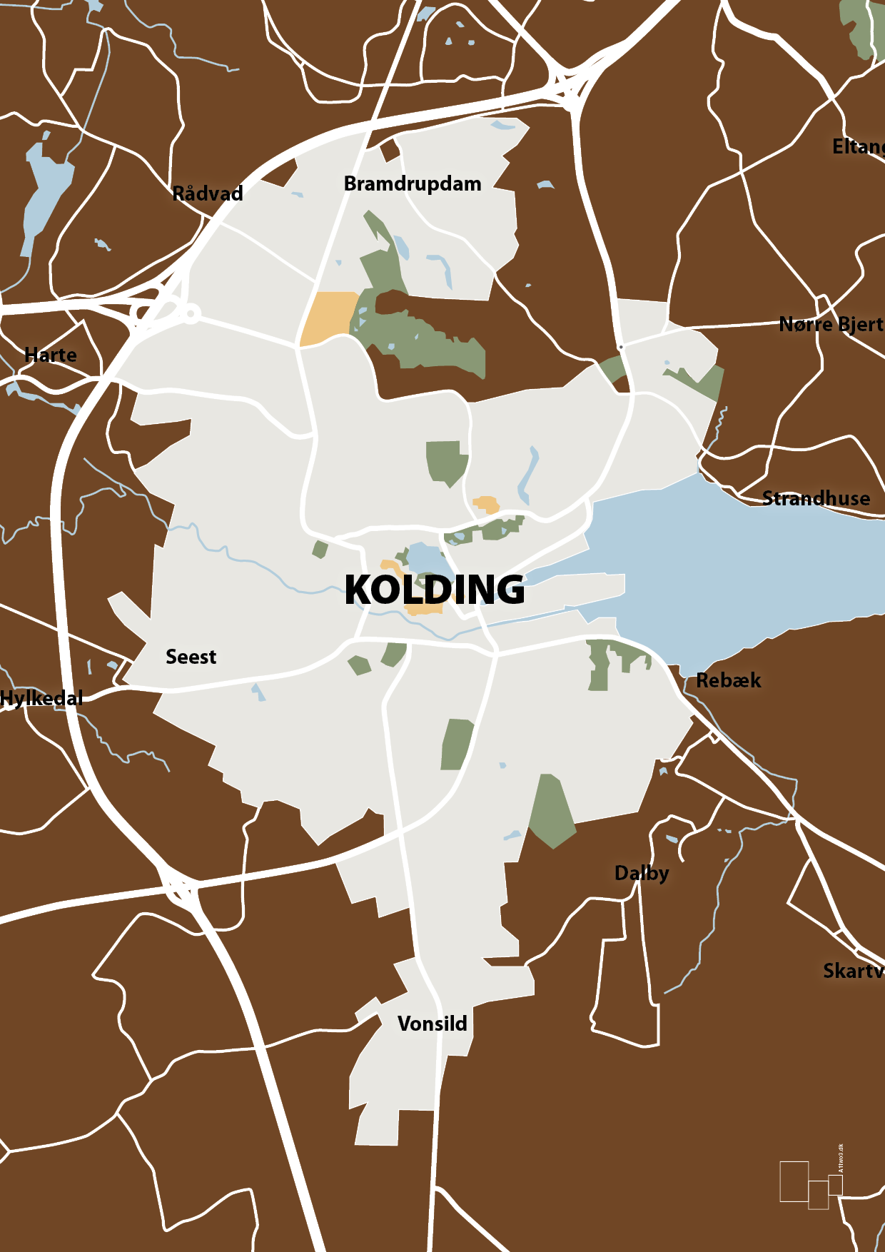 plakat: byplakat kolding - kort - dark brown-Byer-A1two3