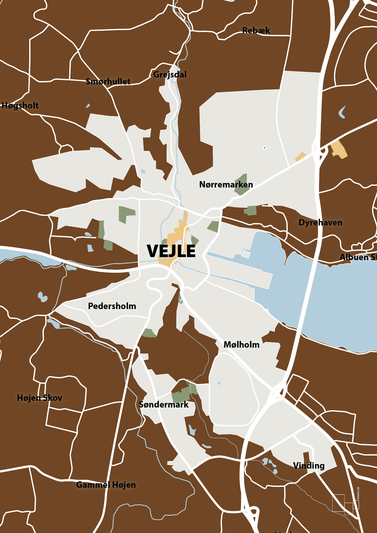 plakat: byplakat vejle - kort - dark brown-Byer-A1two3