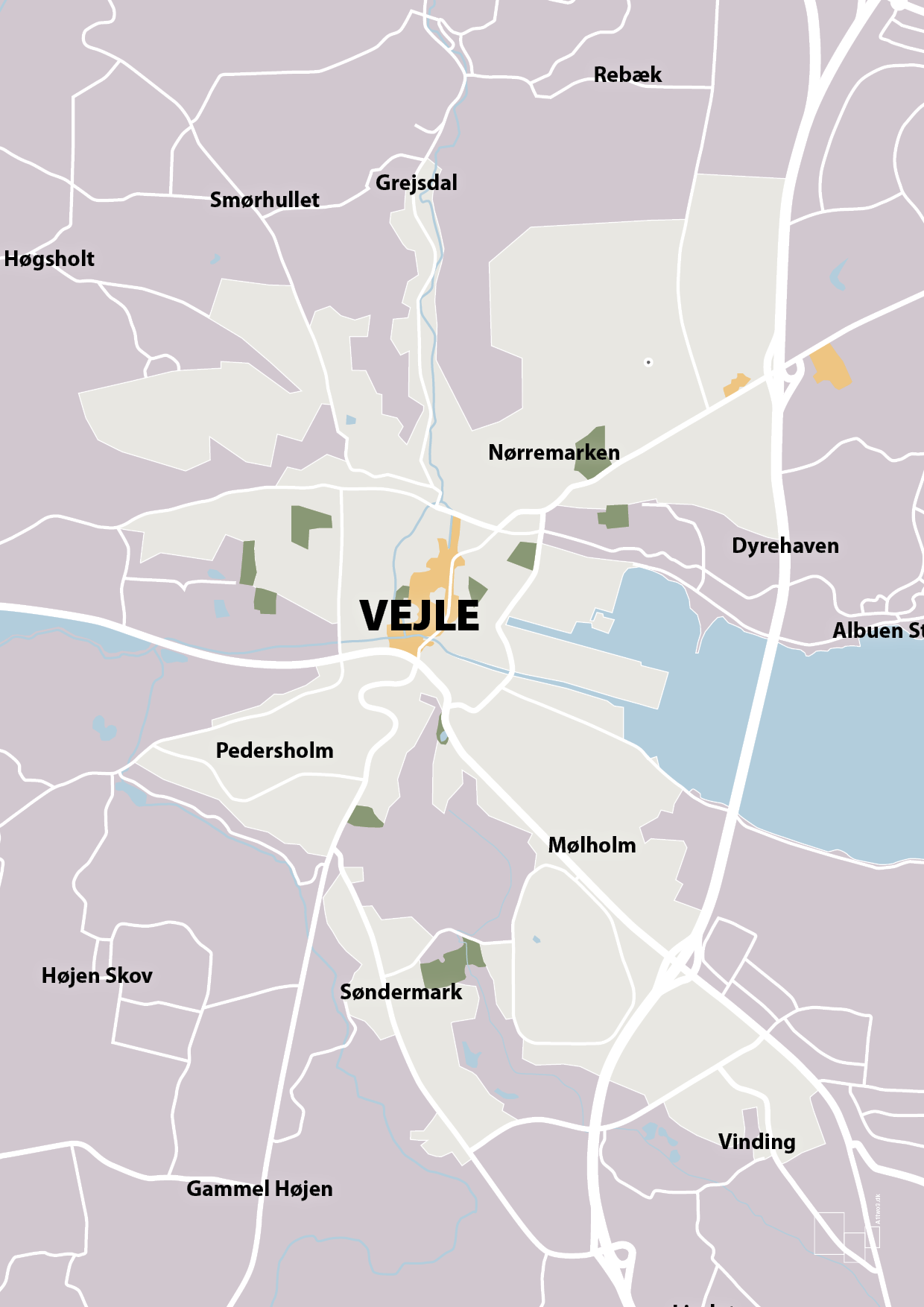 plakat: byplakat vejle - kort - dusty lilac-Byer-A1two3