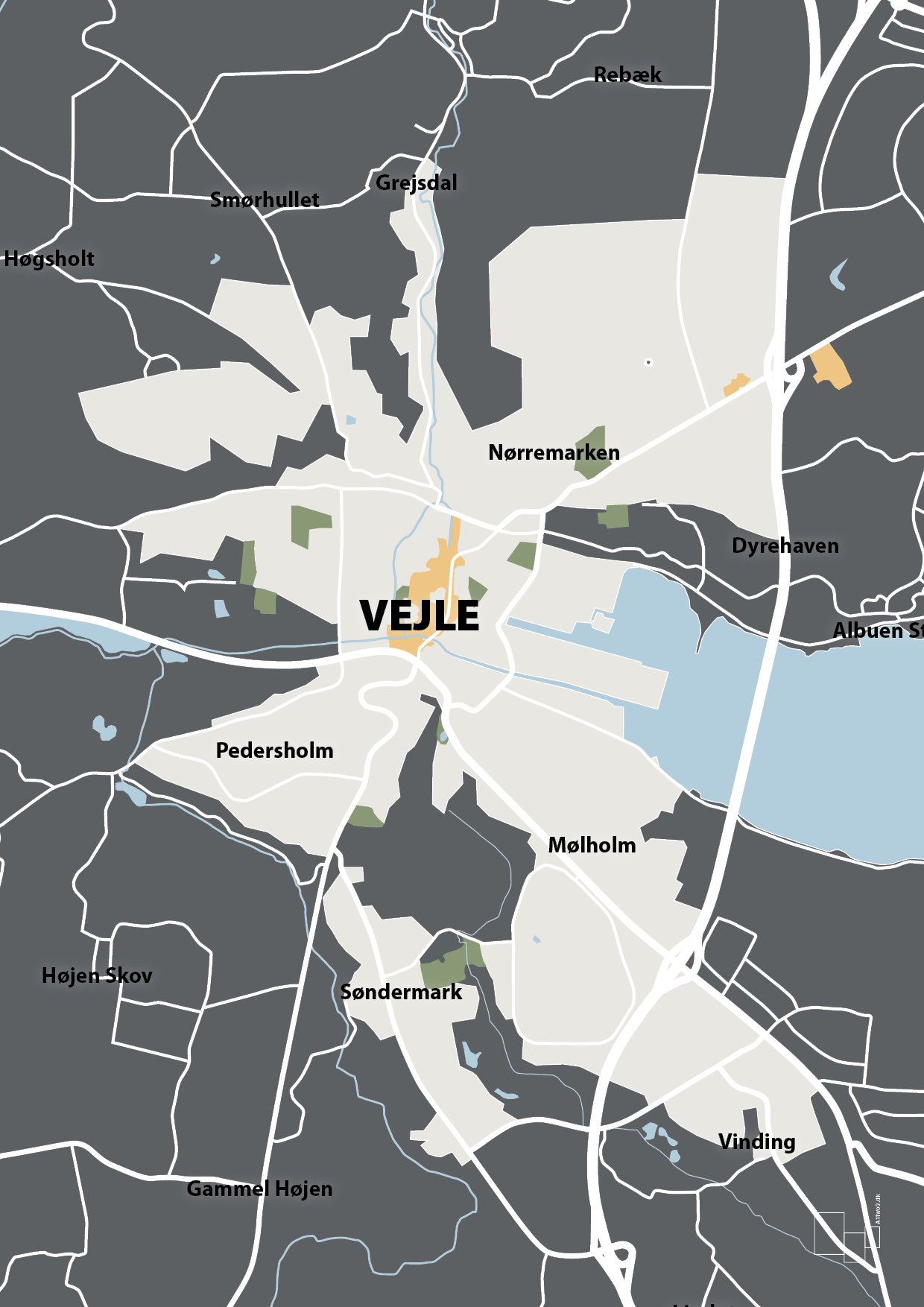 plakat: byplakat vejle - kort - graphic charcoal-Byer-A1two3