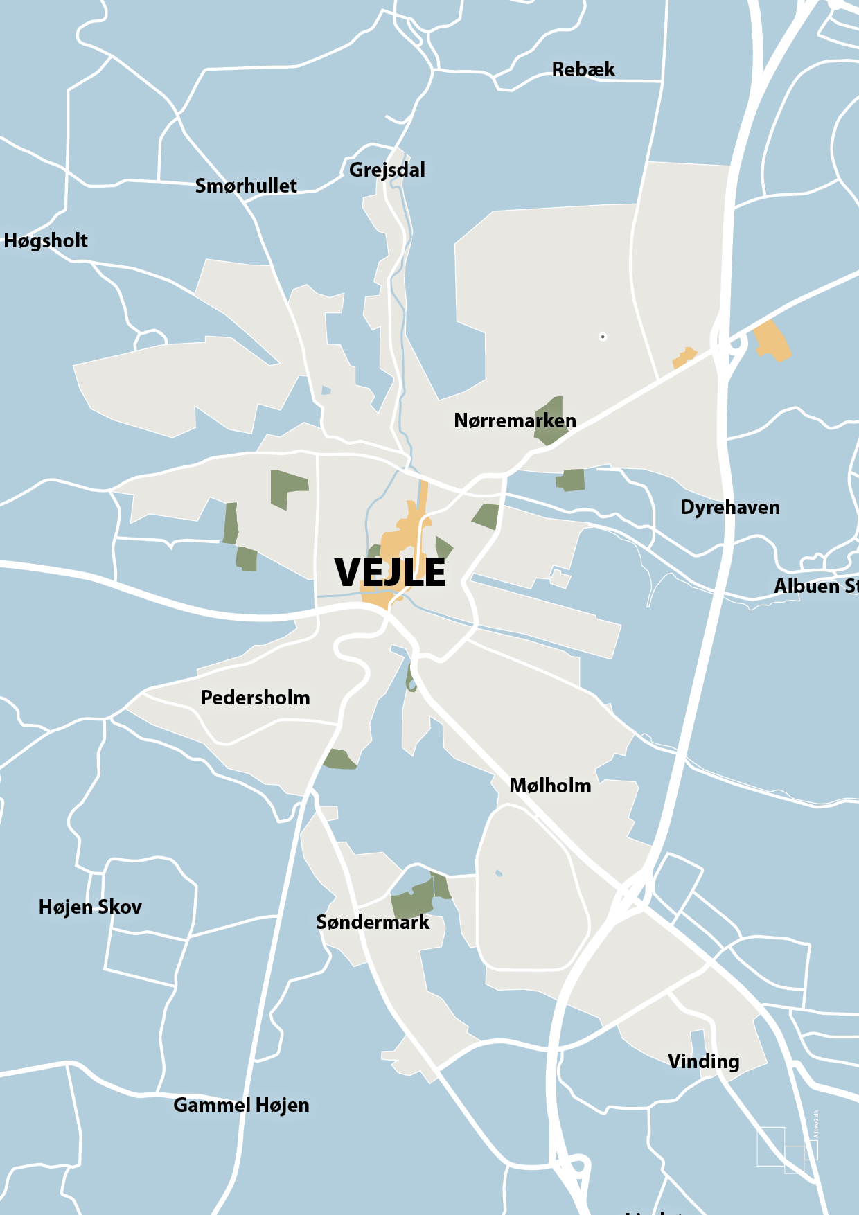 plakat: byplakat vejle - kort - heavenly blue-Byer-A1two3