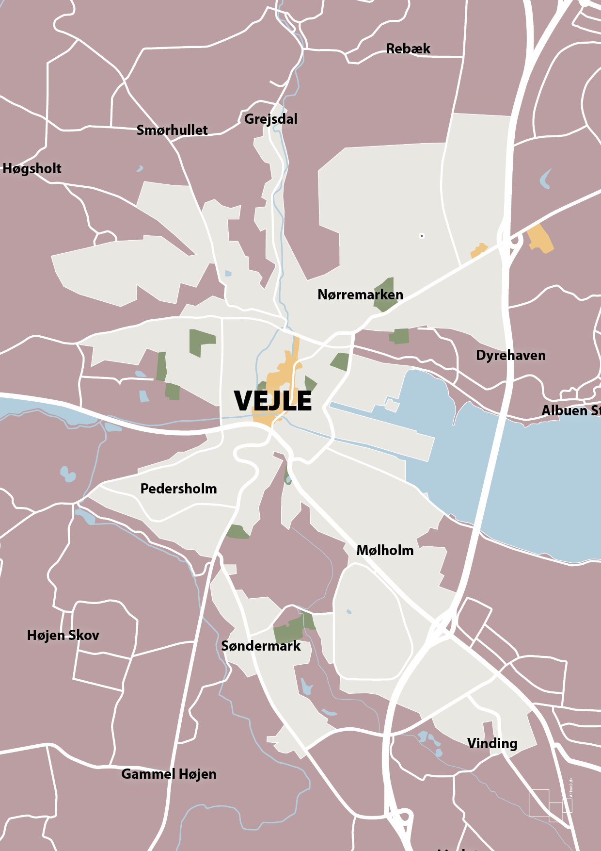 plakat: byplakat vejle - kort - light rose-Byer-A1two3