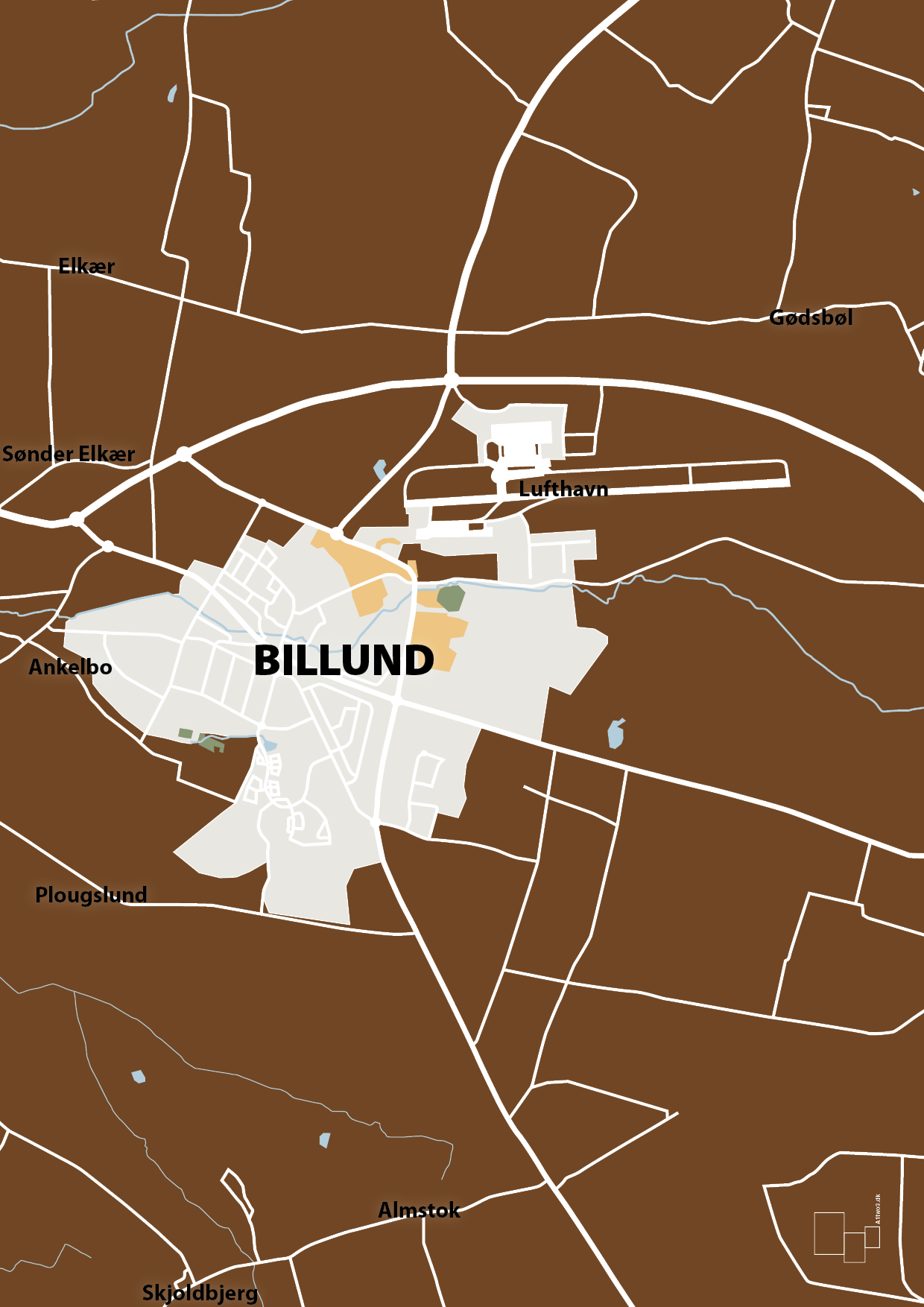 plakat: byplakat billund - kort - dark brown-Byer-A1two3