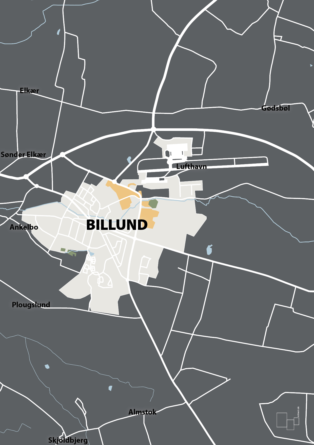 plakat: byplakat billund - kort - graphic charcoal-Byer-A1two3