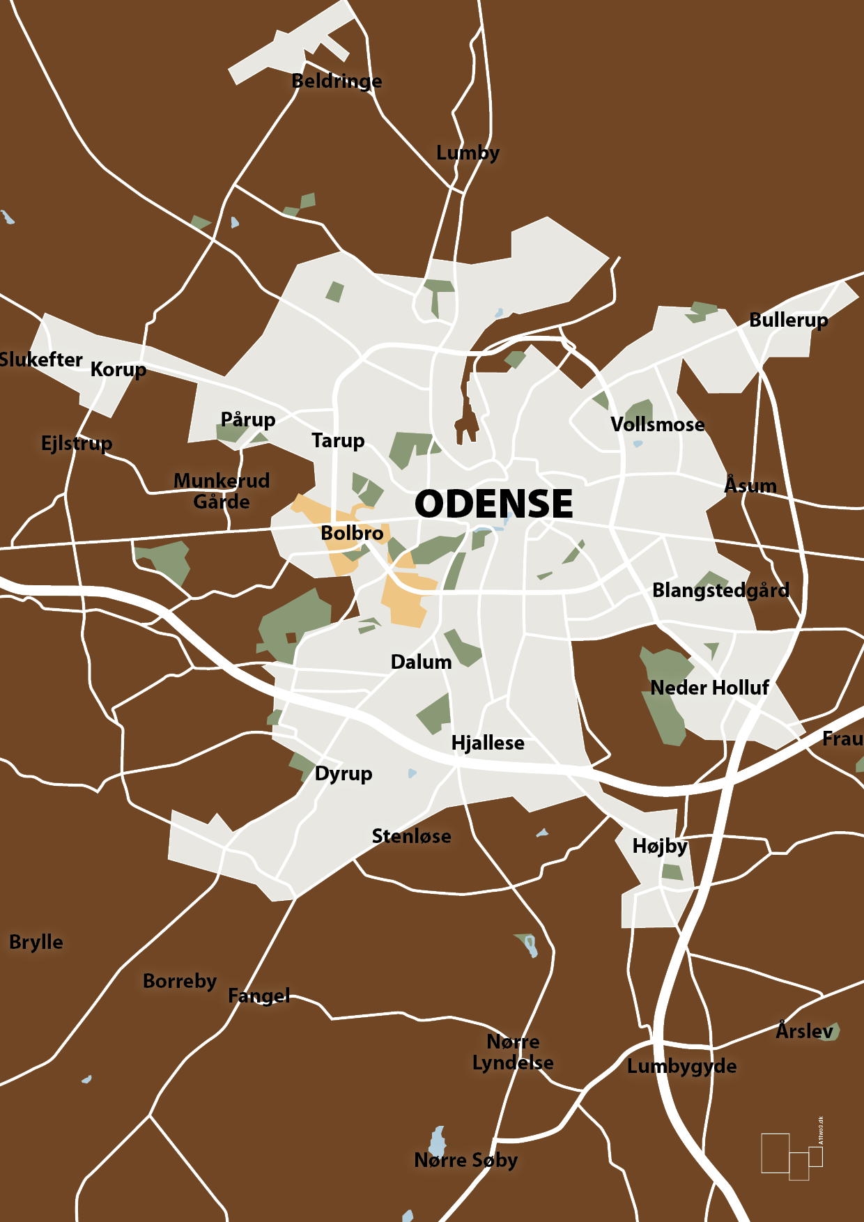 plakat: byplakat odense - kort - dark brown-Byer-A1two3