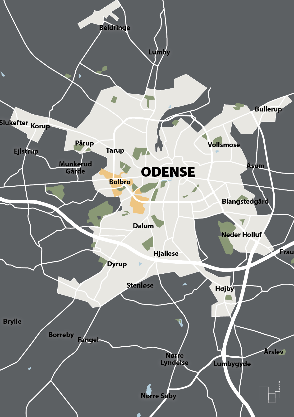 plakat: byplakat odense - kort - graphic charcoal-Byer-A1two3