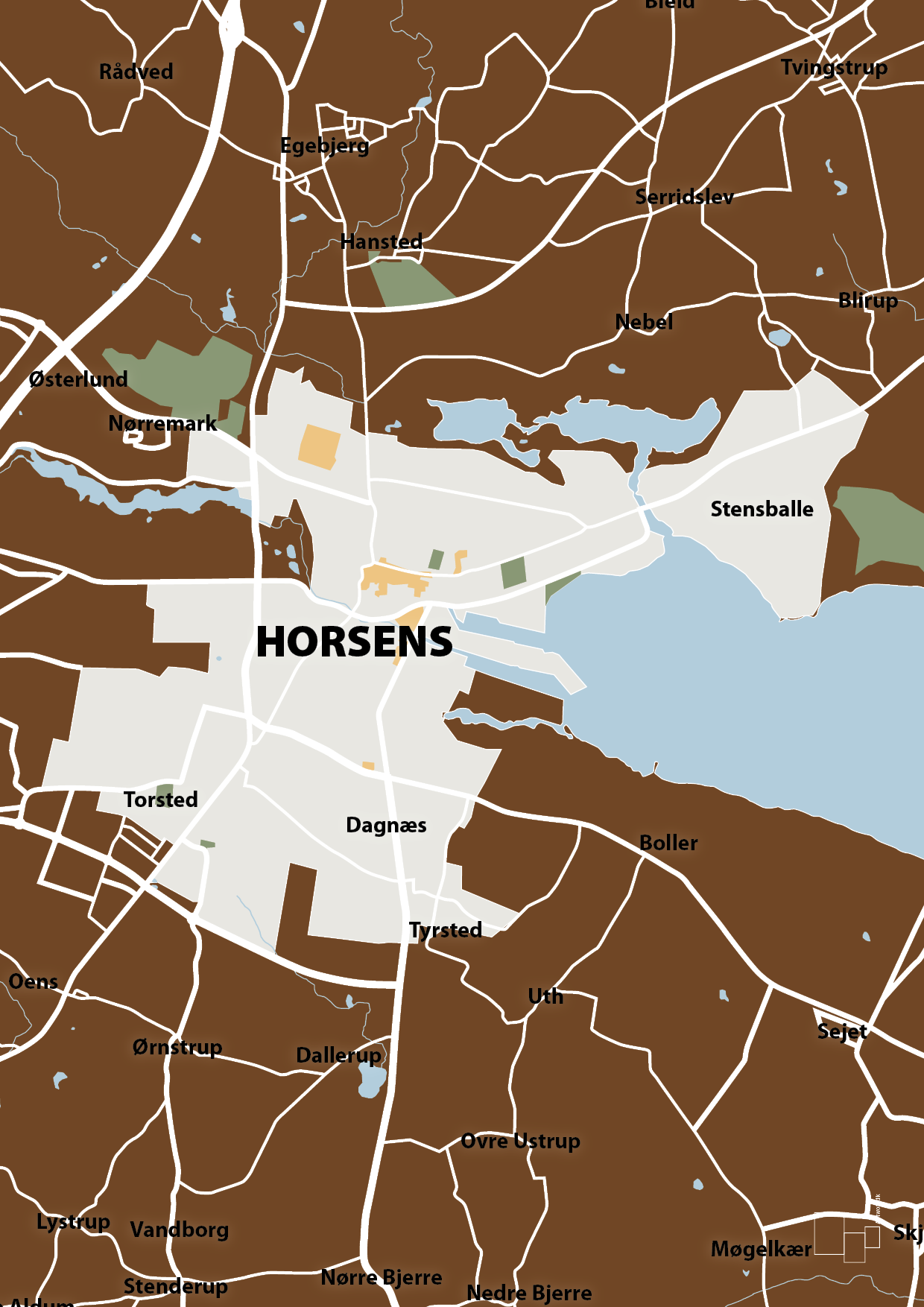 plakat: byplakat horsens - kort - dark brown-Byer-A1two3