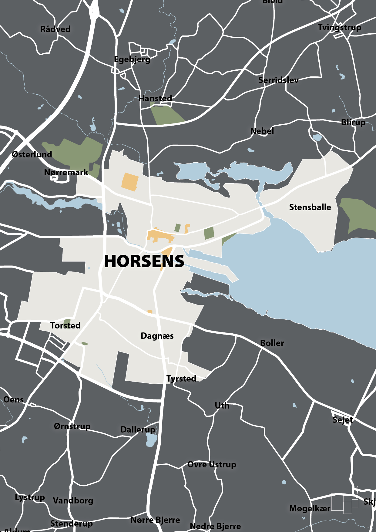 plakat: byplakat horsens - kort - graphic charcoal-Byer-A1two3