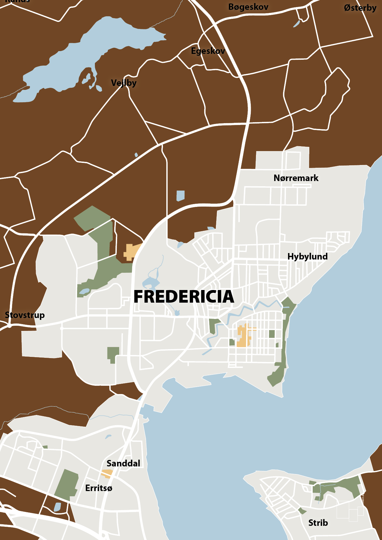 plakat: byplakat fredericia - kort - dark brown-Byer-A1two3