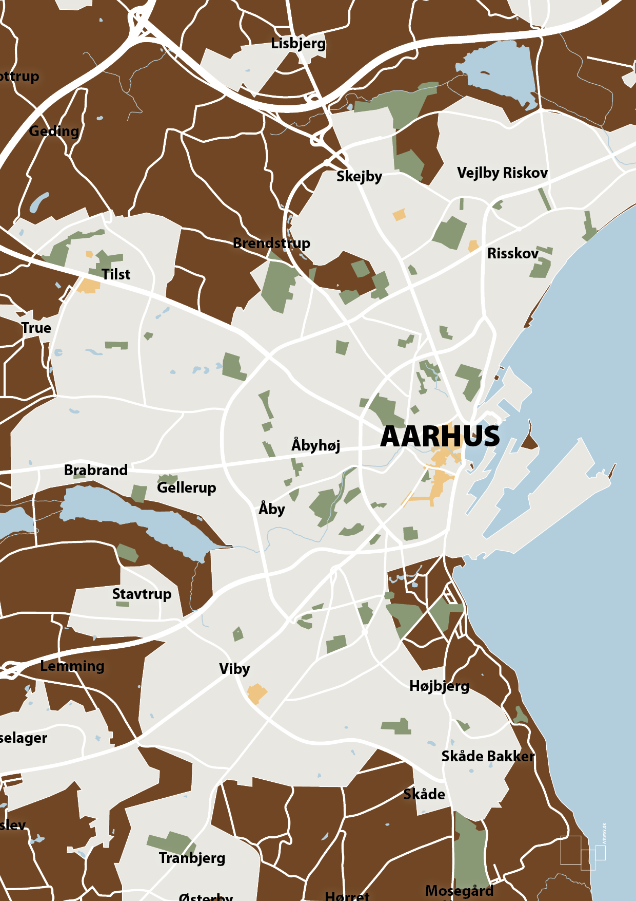 plakat: byplakat aarhus - kort - dark brown-Byer-A1two3