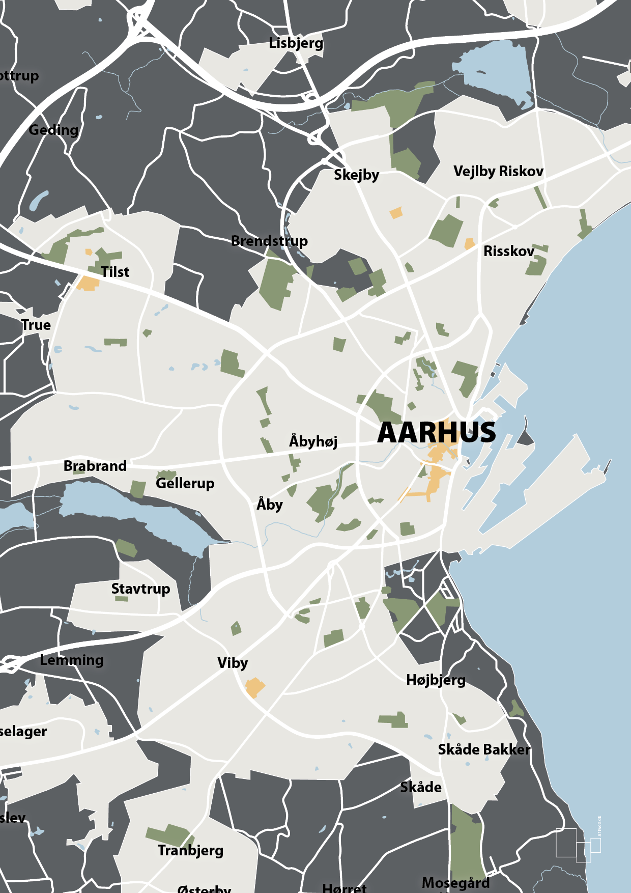 plakat: byplakat aarhus - kort - graphic charcoal-Byer-A1two3