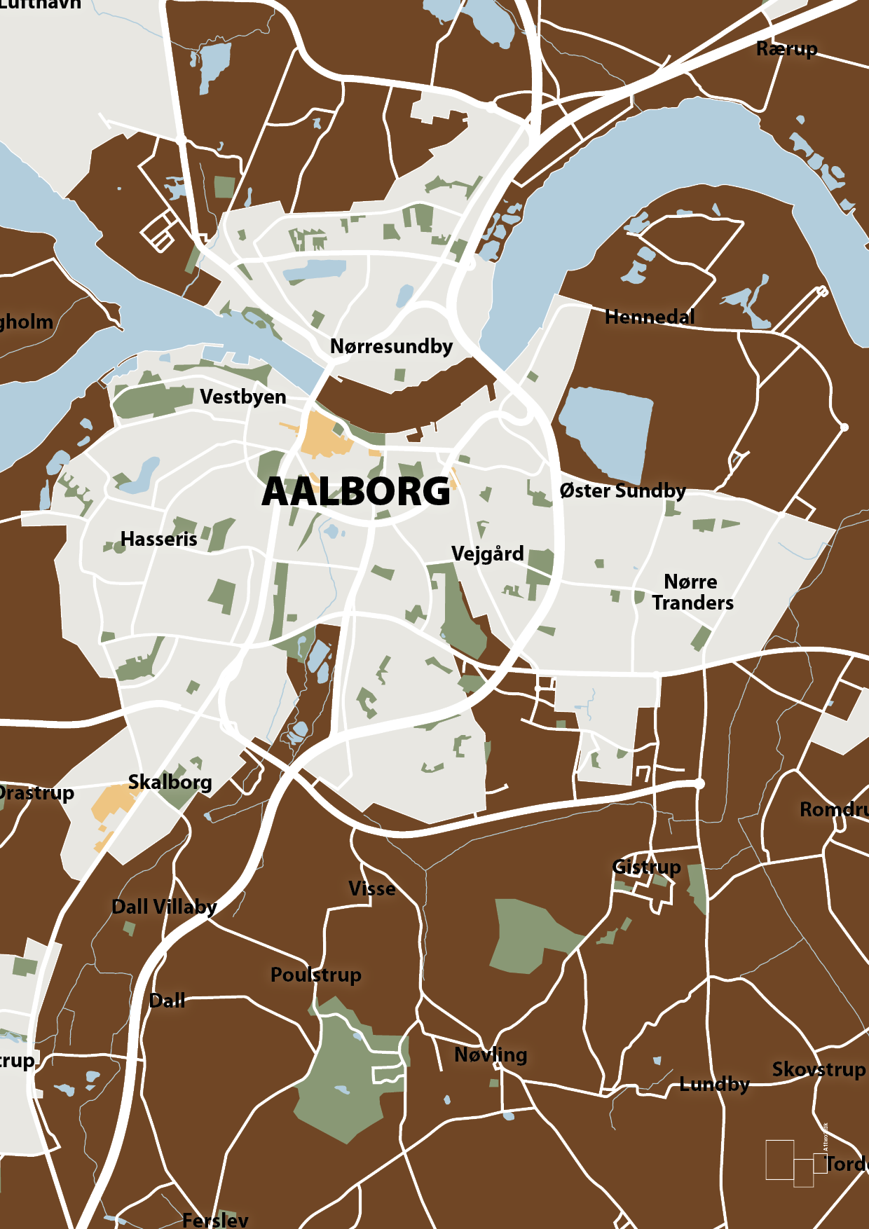 plakat: byplakat aalborg - kort - dark brown-Byer-A1two3
