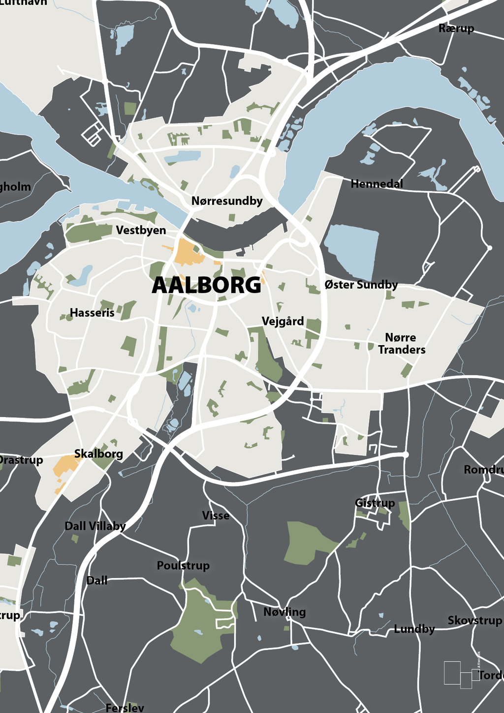 plakat: byplakat aalborg - kort - graphic charcoal-Byer-A1two3