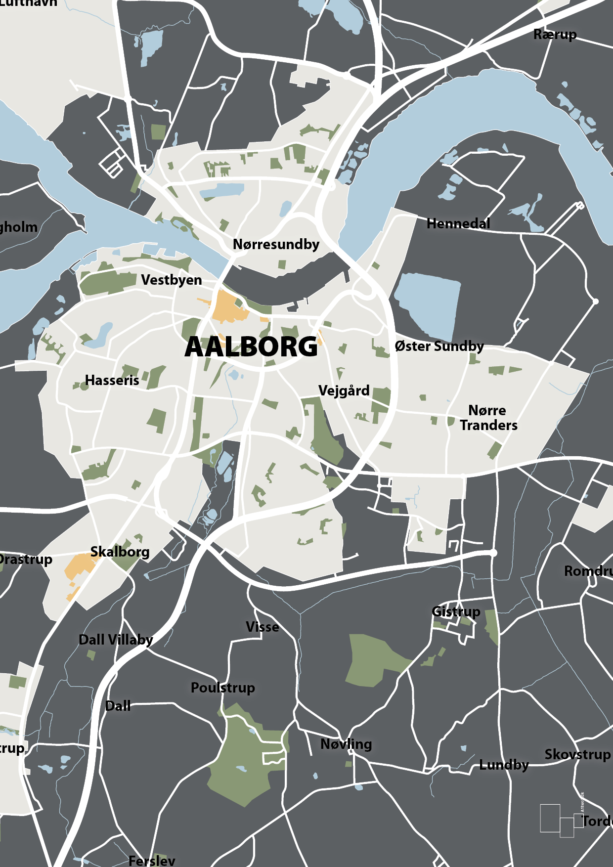 plakat: byplakat aalborg - kort - graphic charcoal-Byer-A1two3