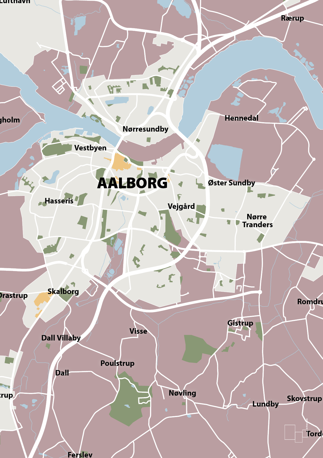 plakat: byplakat aalborg - kort - light rose-Byer-A1two3