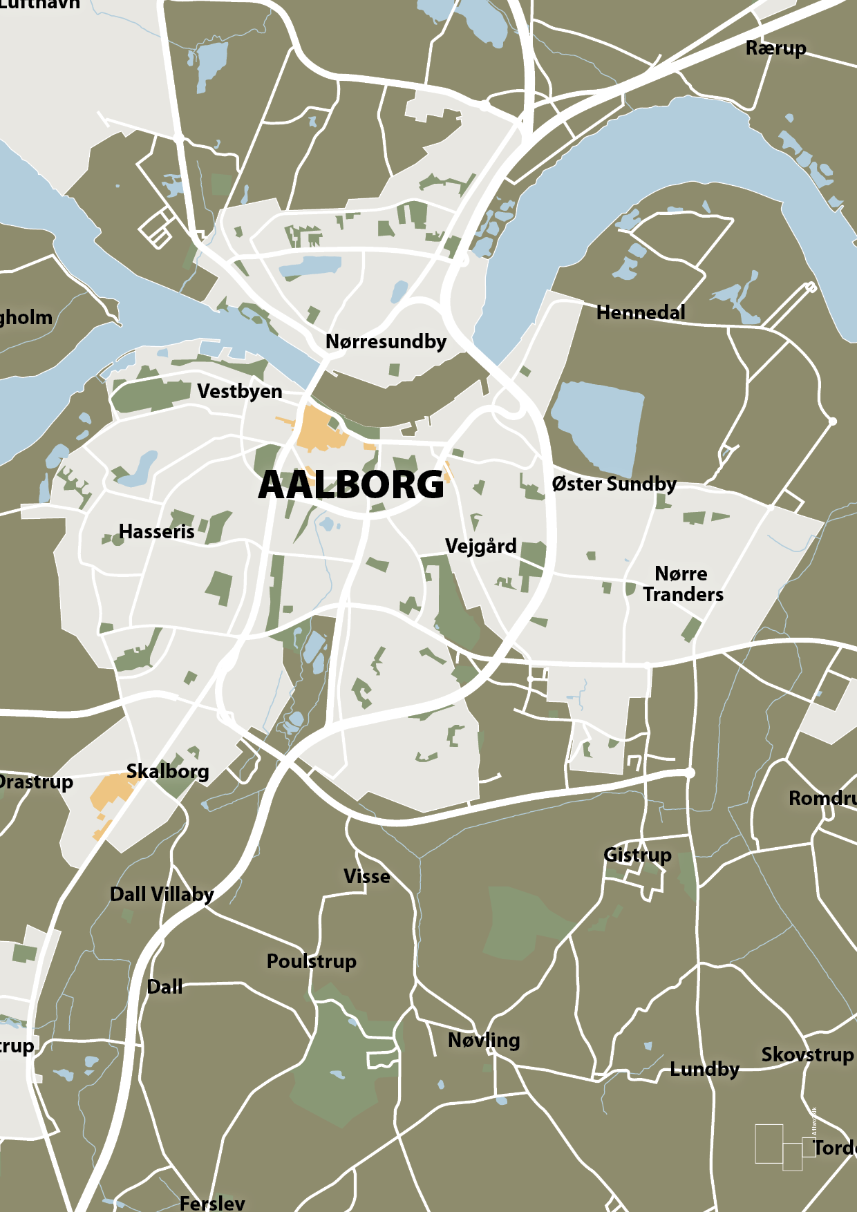 plakat: byplakat aalborg - kort - misty forrest-Byer-A1two3