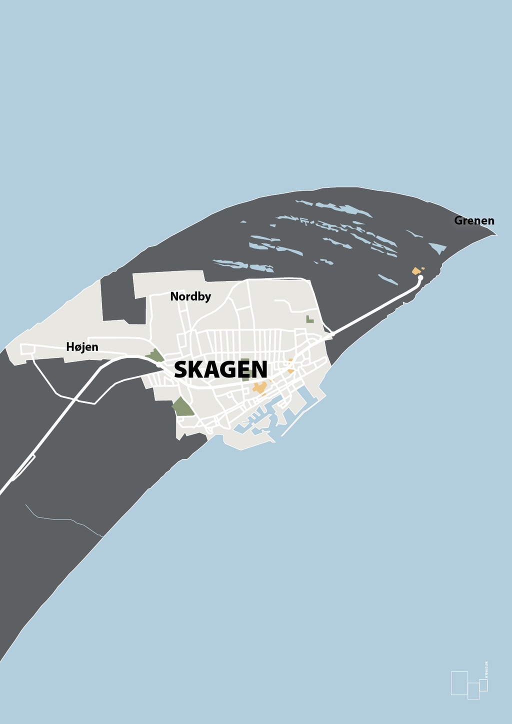 plakat: byplakat skagen - kort - graphic charcoal-Byer-A1two3